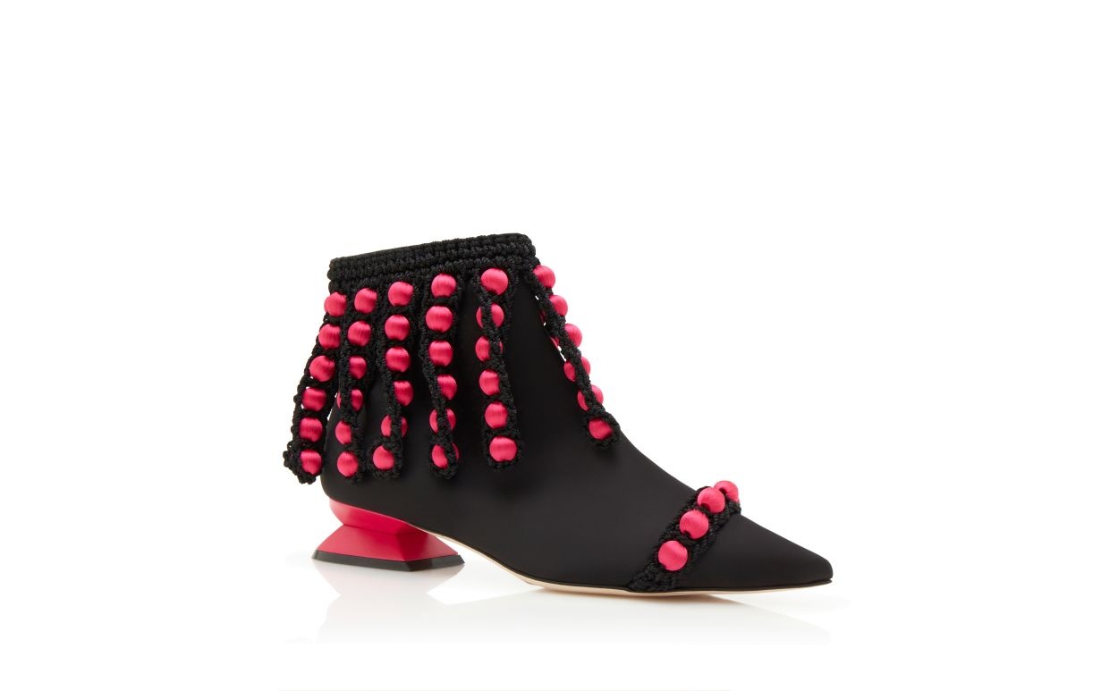 Black and Pink Satin Pom Pom Ankle Boots - 3