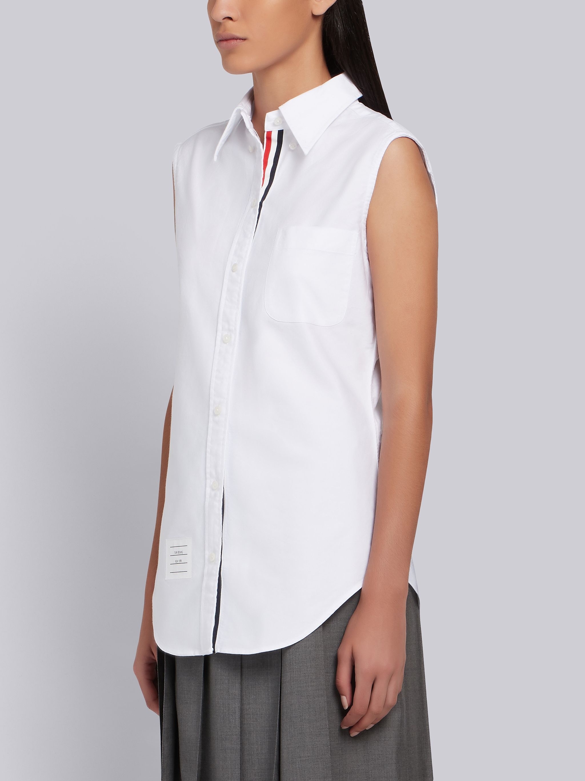 White Oxford Grosgrain Placket Sleeveless Shirt - 2