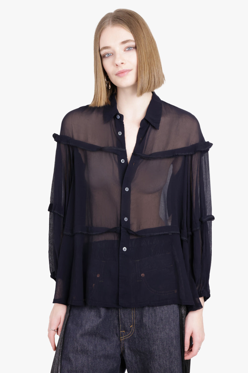 SHEER BALLOON SLEEVE PANEL DETAIL L/S SHIRT | NAVY - 3