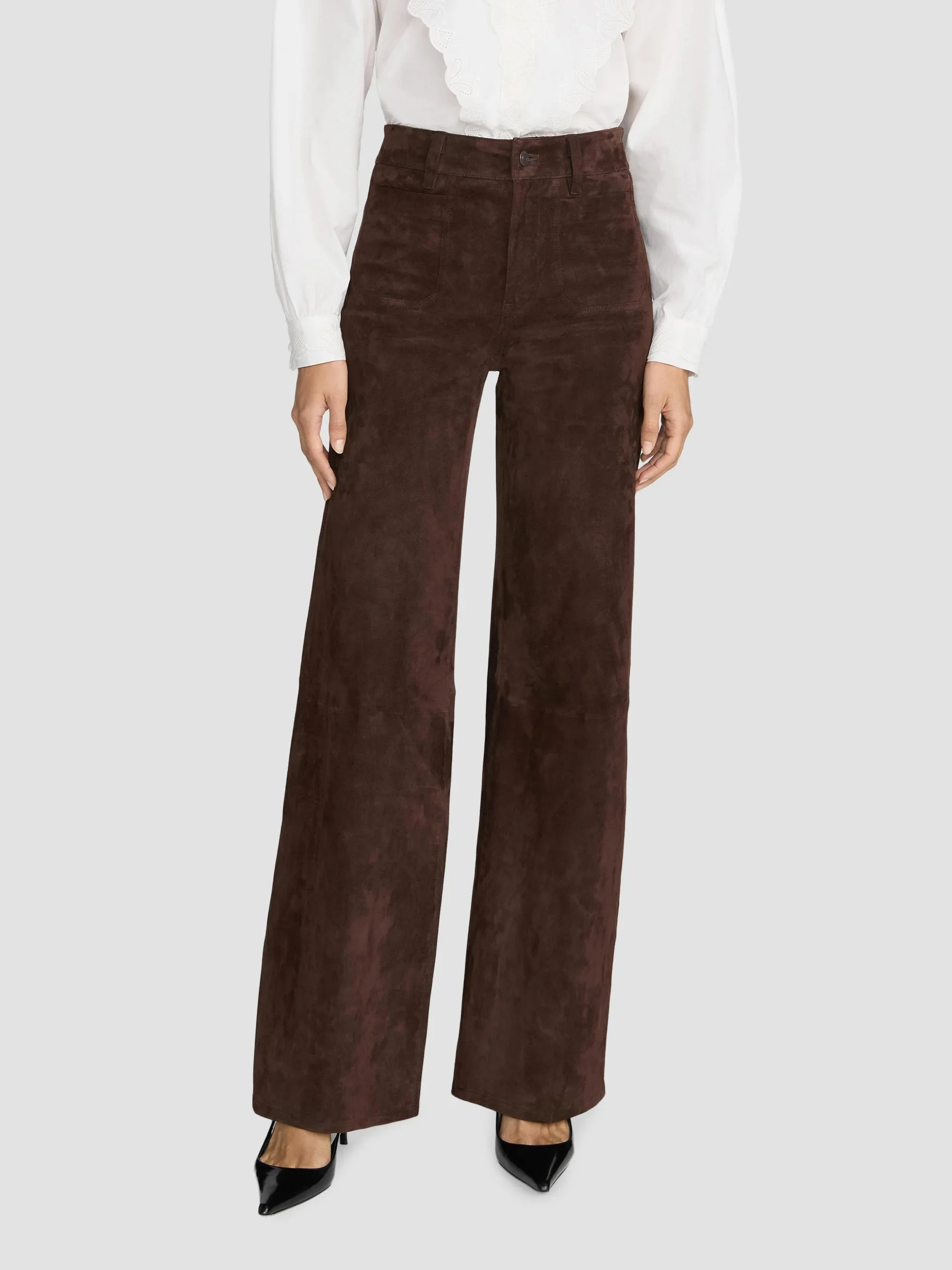 Women's Suede Slim Wide-Leg Pants - Dark Brown - 1