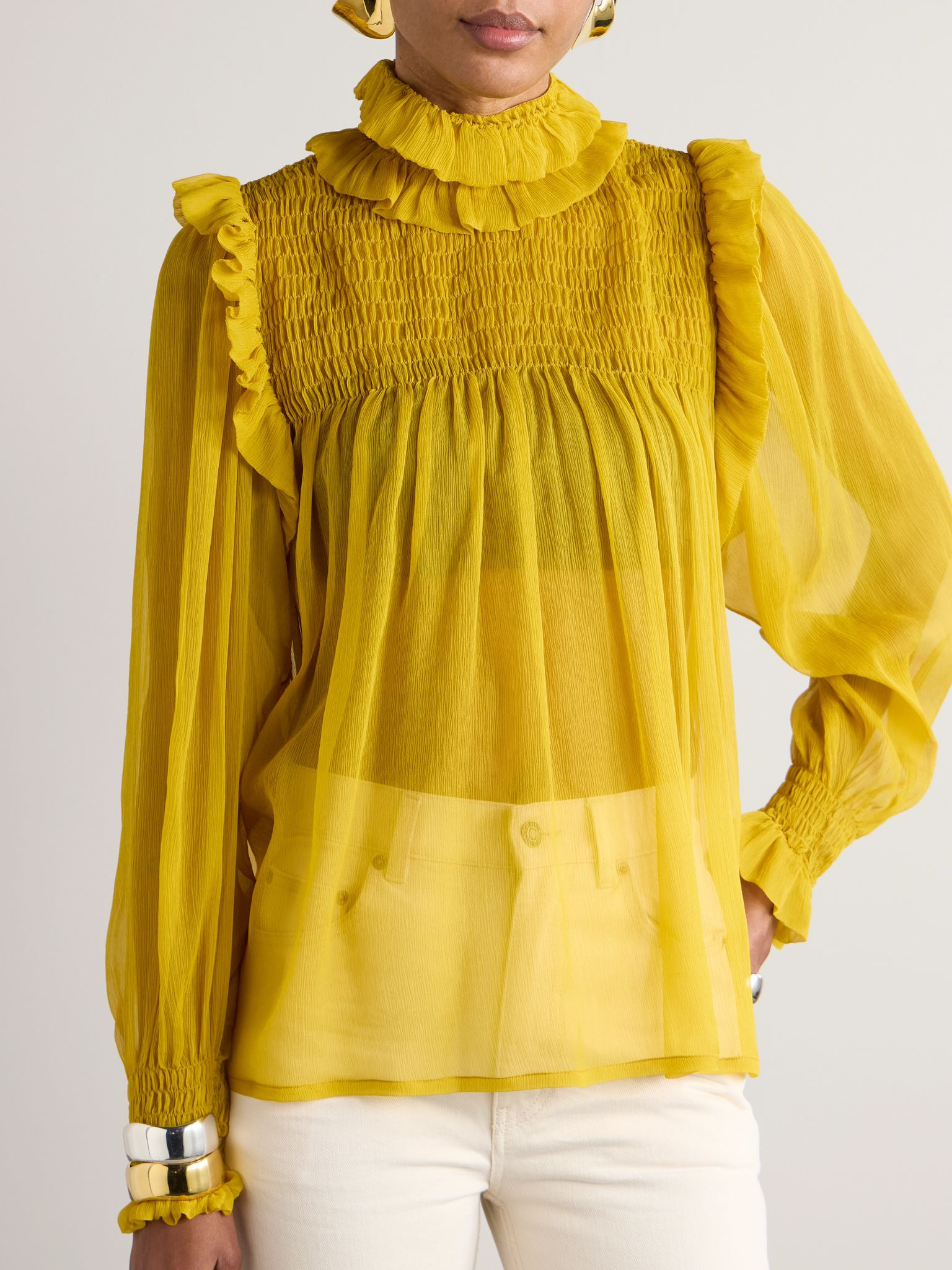 Smocked ruffled silk-crepon blouse Yellow - 3