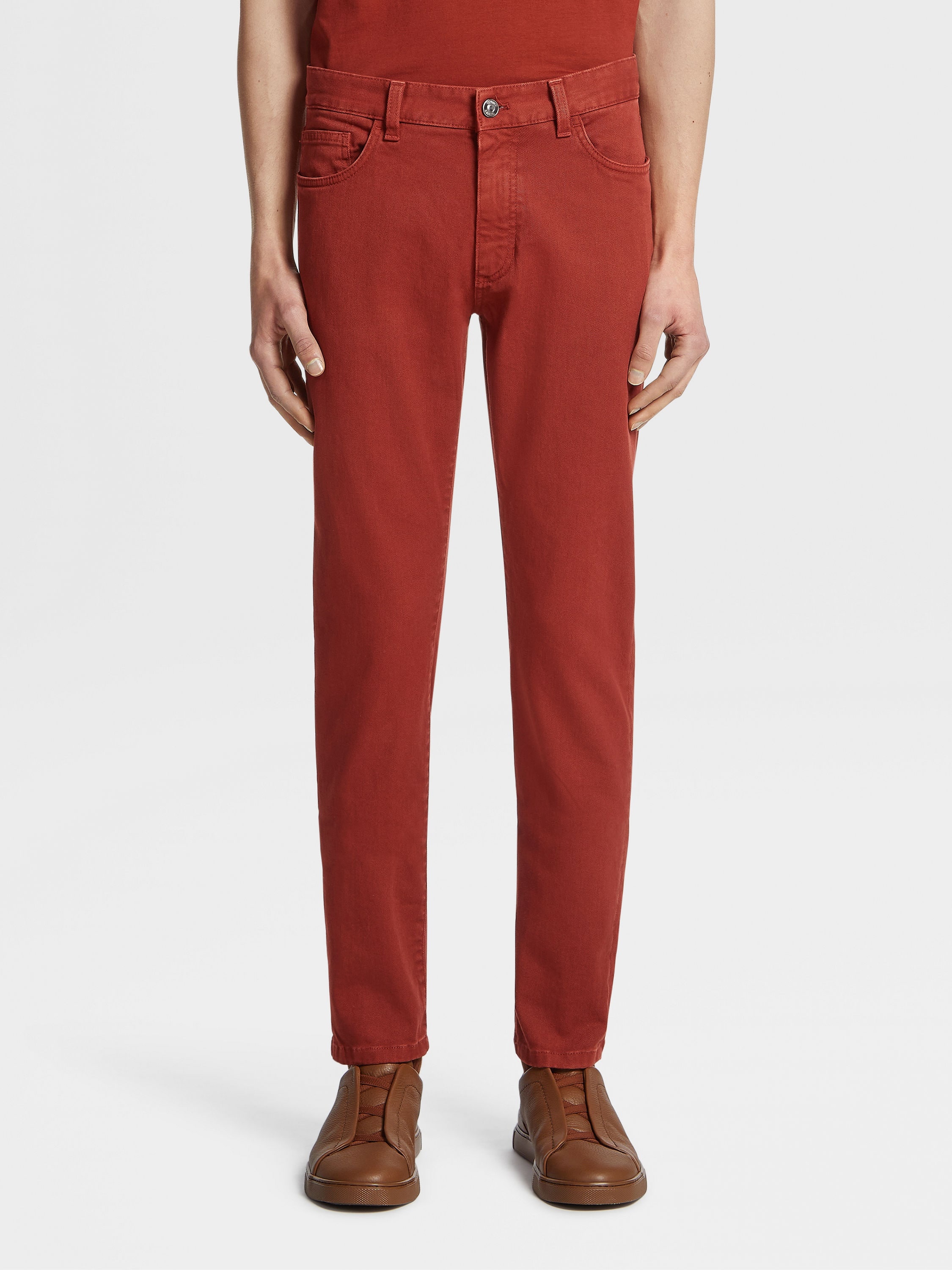 DARK RED STRETCH COTTON ROCCIA PANTS - 2