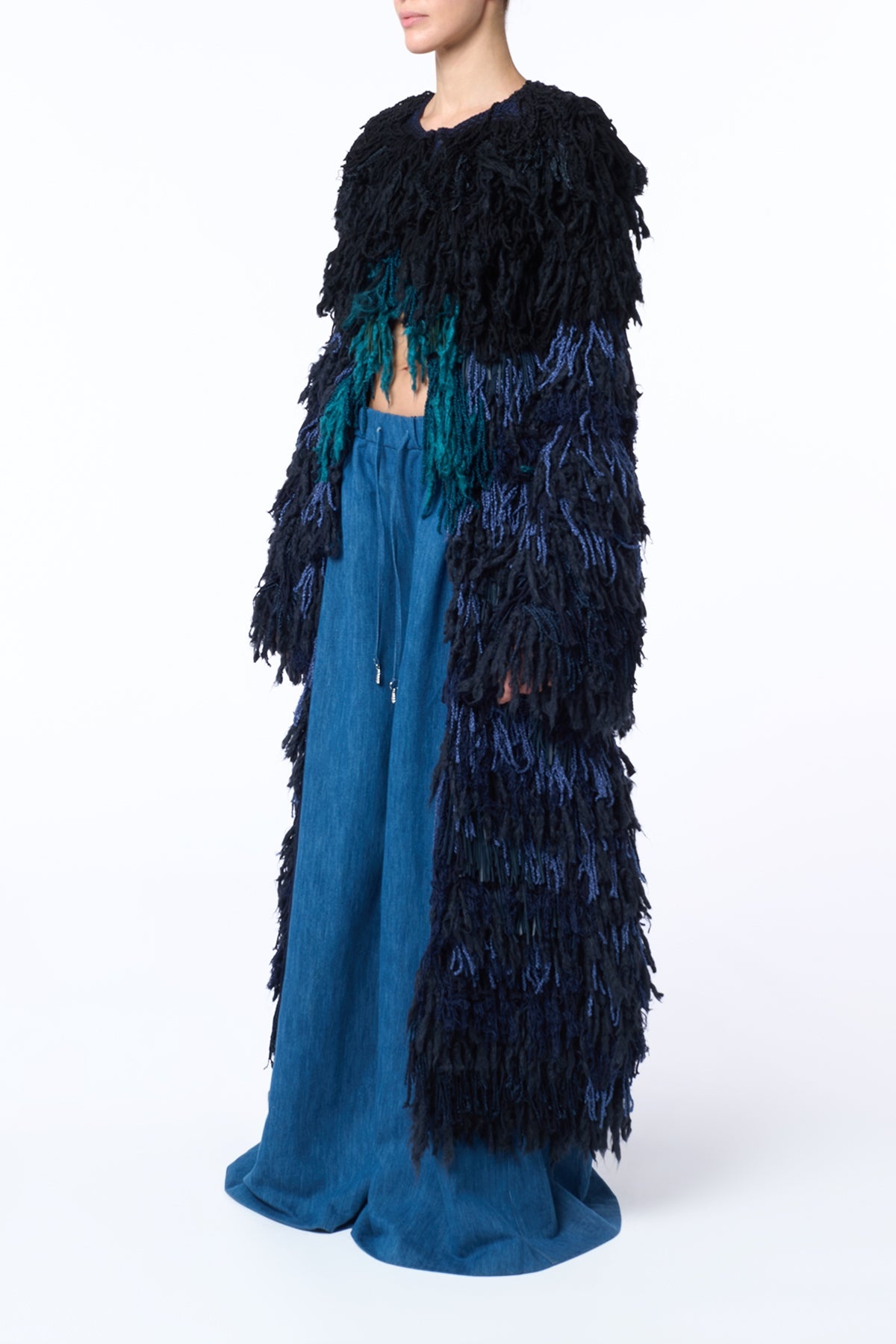Minerva Fringe Coat in Navy Multi Silk - 5