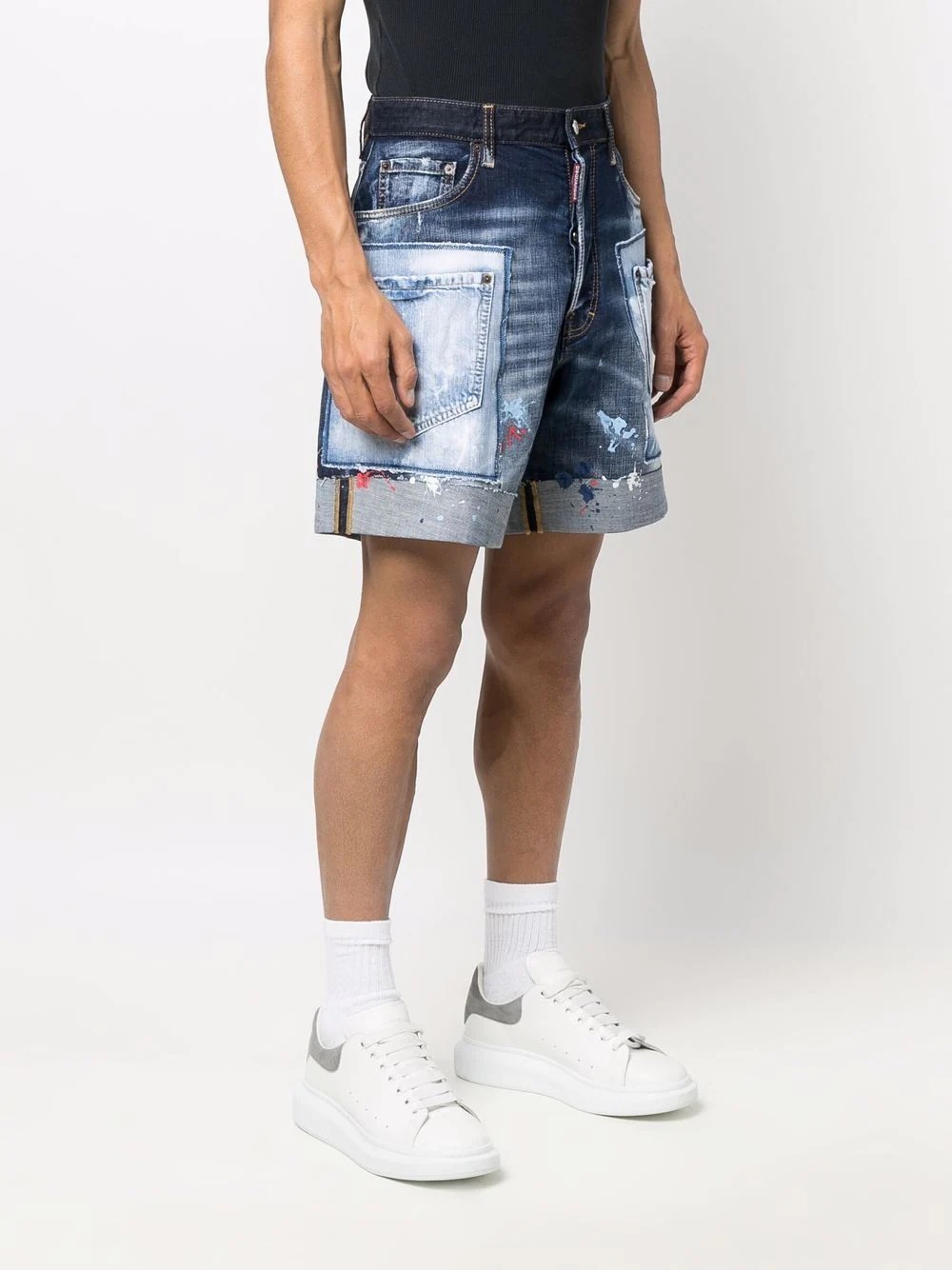 patchwork wide-leg denim shorts - 3