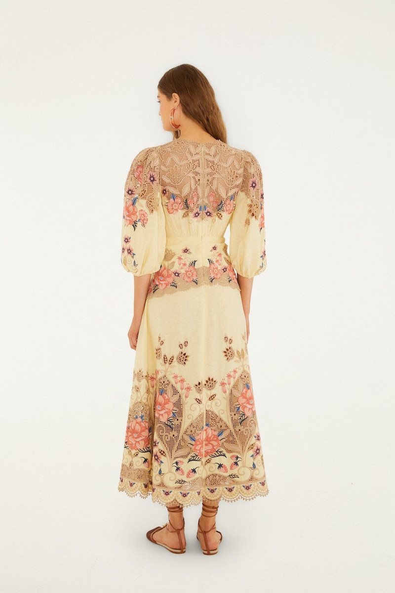 Butter Yellow Embroidered Lenzing Ecovero Euroflax Midi Dress 3