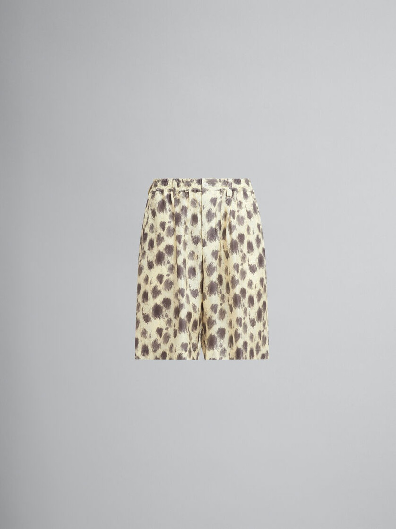 LIGHT YELLOW SILK BERMUDA SHORTS WITH CRAYON LEOPARD PRINTS 1