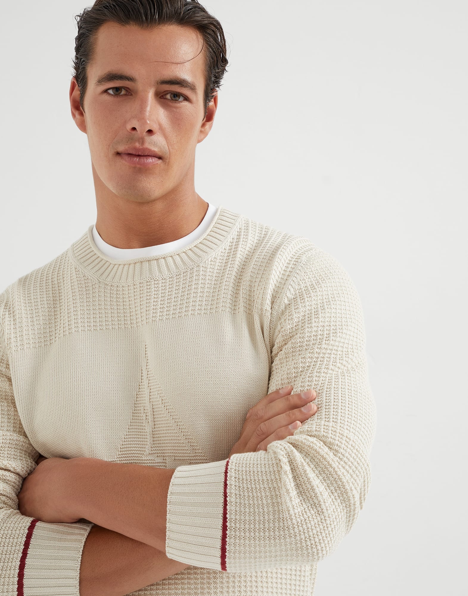 Cotton waffle stitch sweater with intarsia - 3