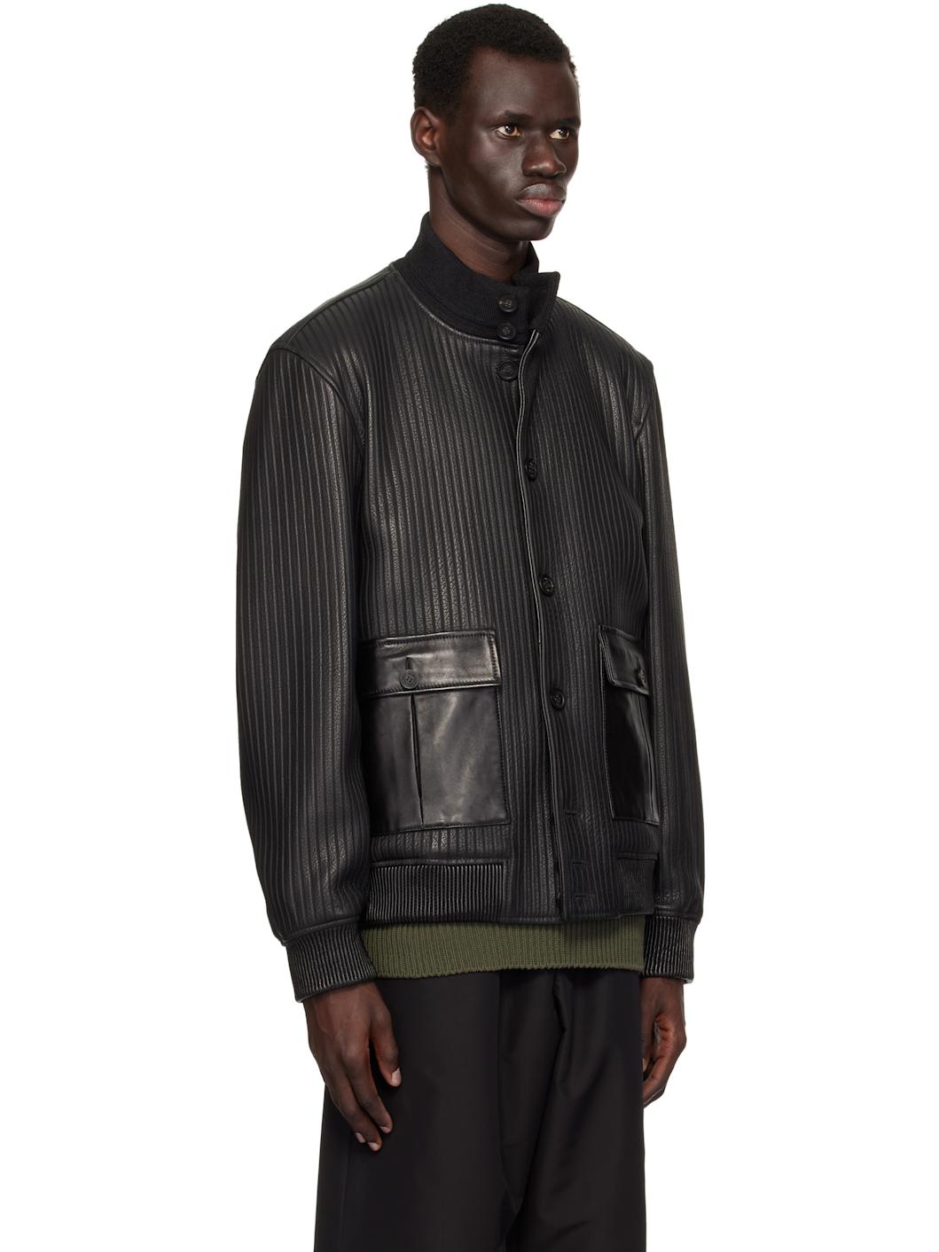 Black Embossed Stripes Leather Bomber Jacket - 2