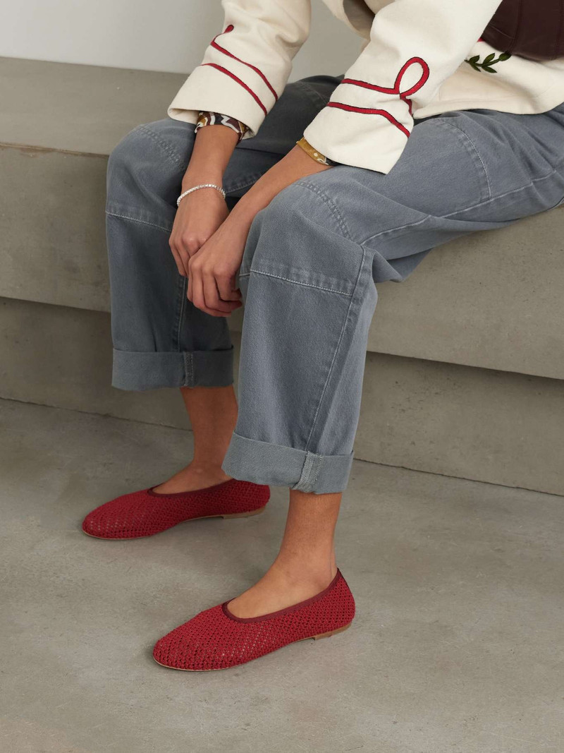 STAUD Alba grosgrain-trimmed crocheted ballet flats Red outlook