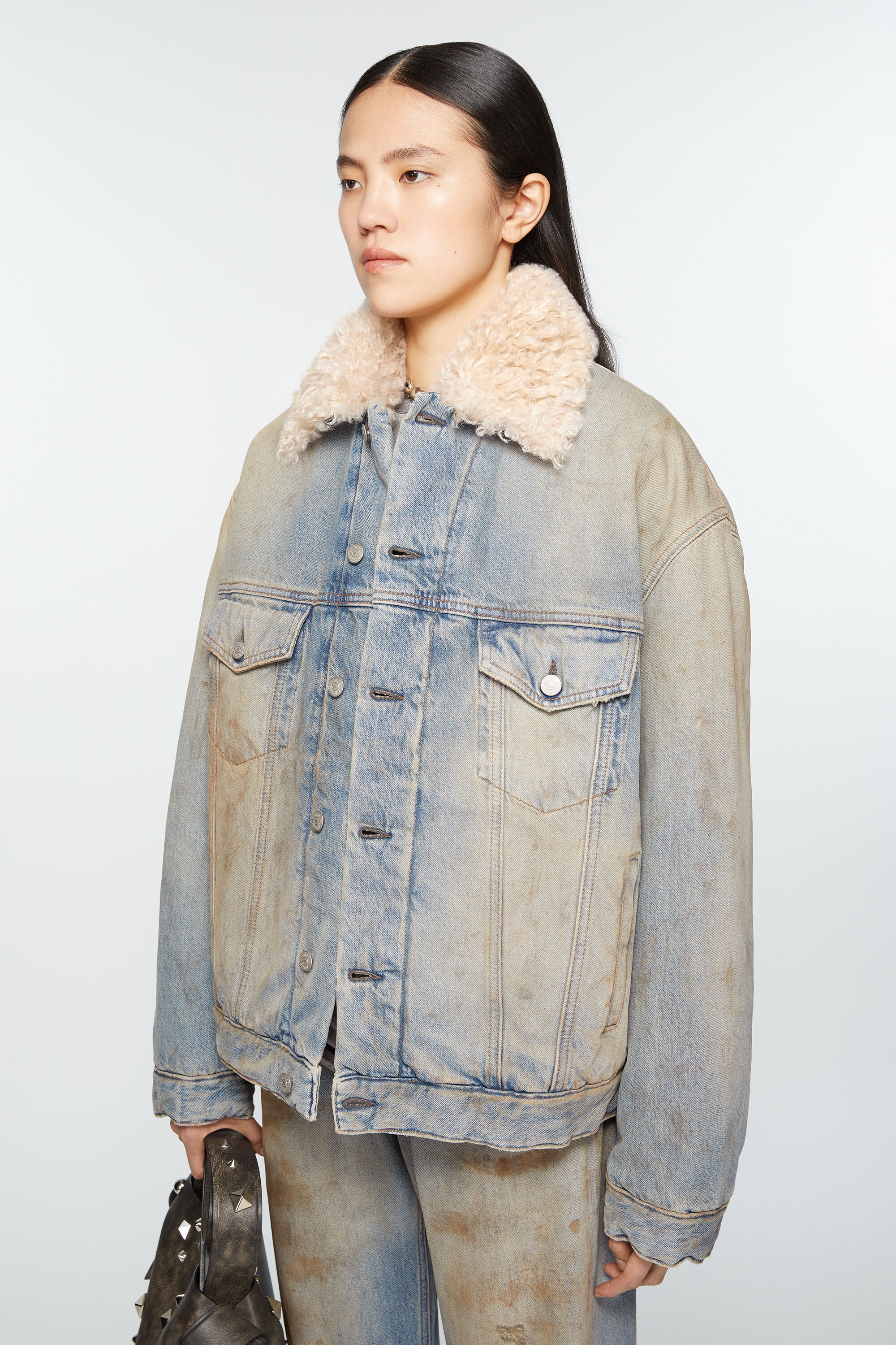 Denim fur trim jacket - Oversized fit - Mid blue - 3