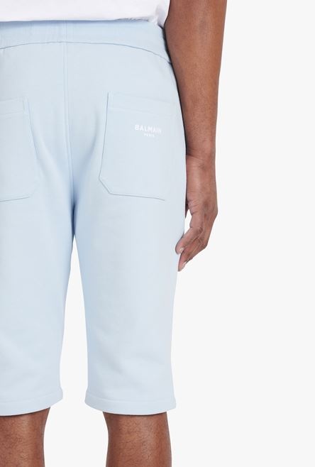 Pale blue eco-designed cotton shorts with flocked white Balmain Paris logo - 8