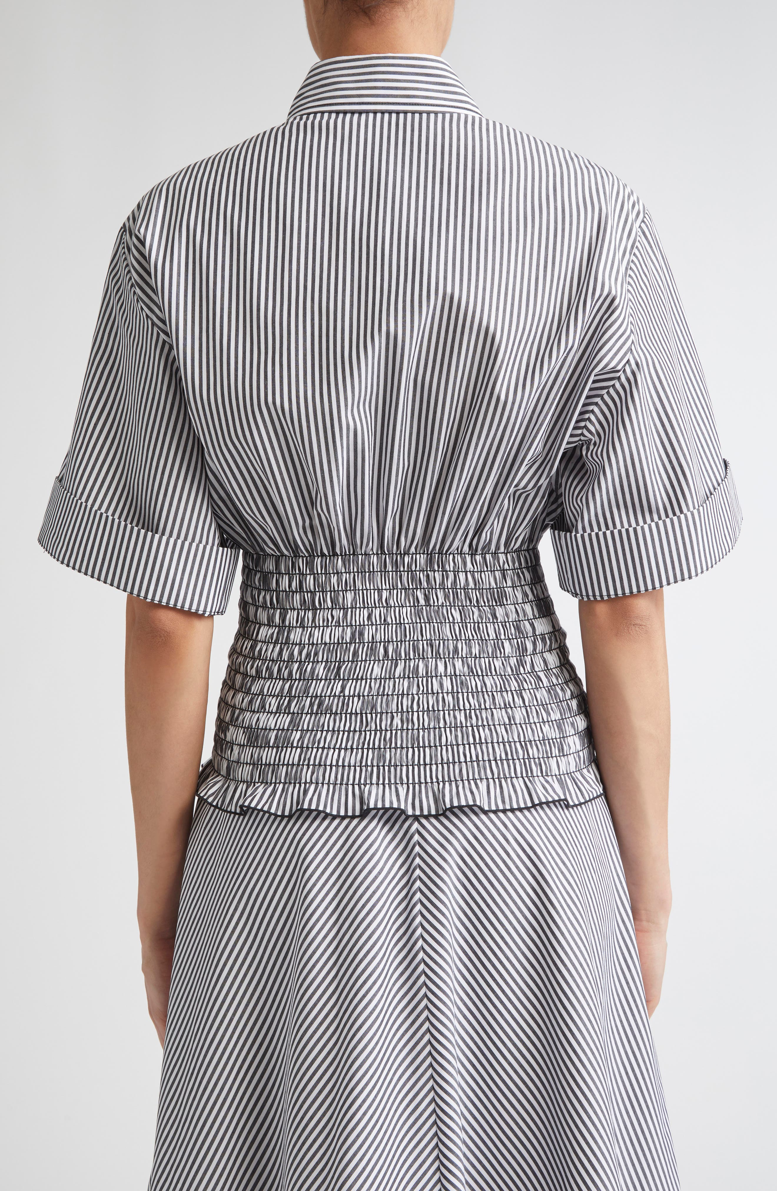 Brandon Maxwell The Harte Stripe Smocked Button-Up Shirt in Black/White Stripe at Nordstrom - 3