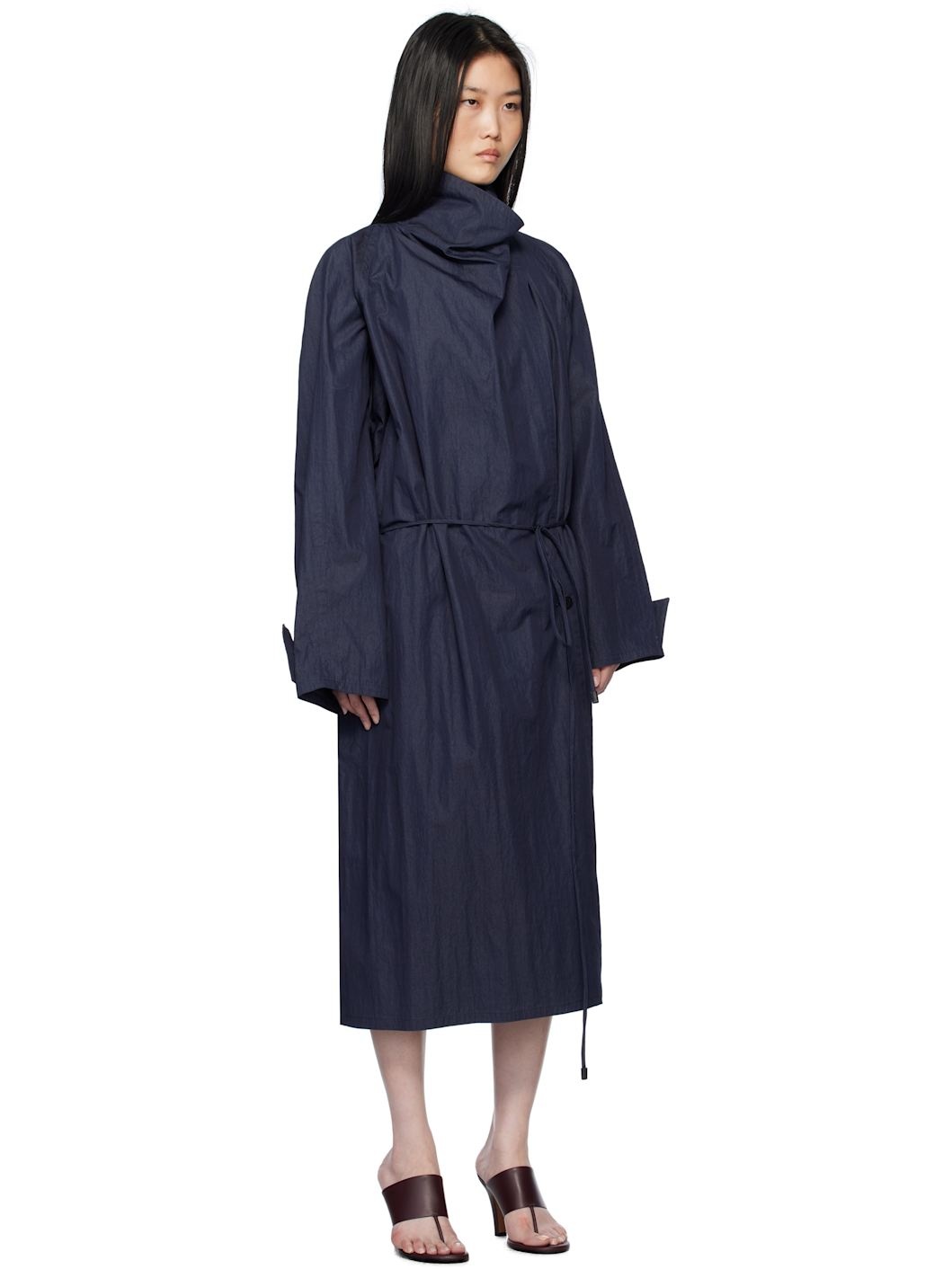 Navy Cowl Neck Long Coat - 2