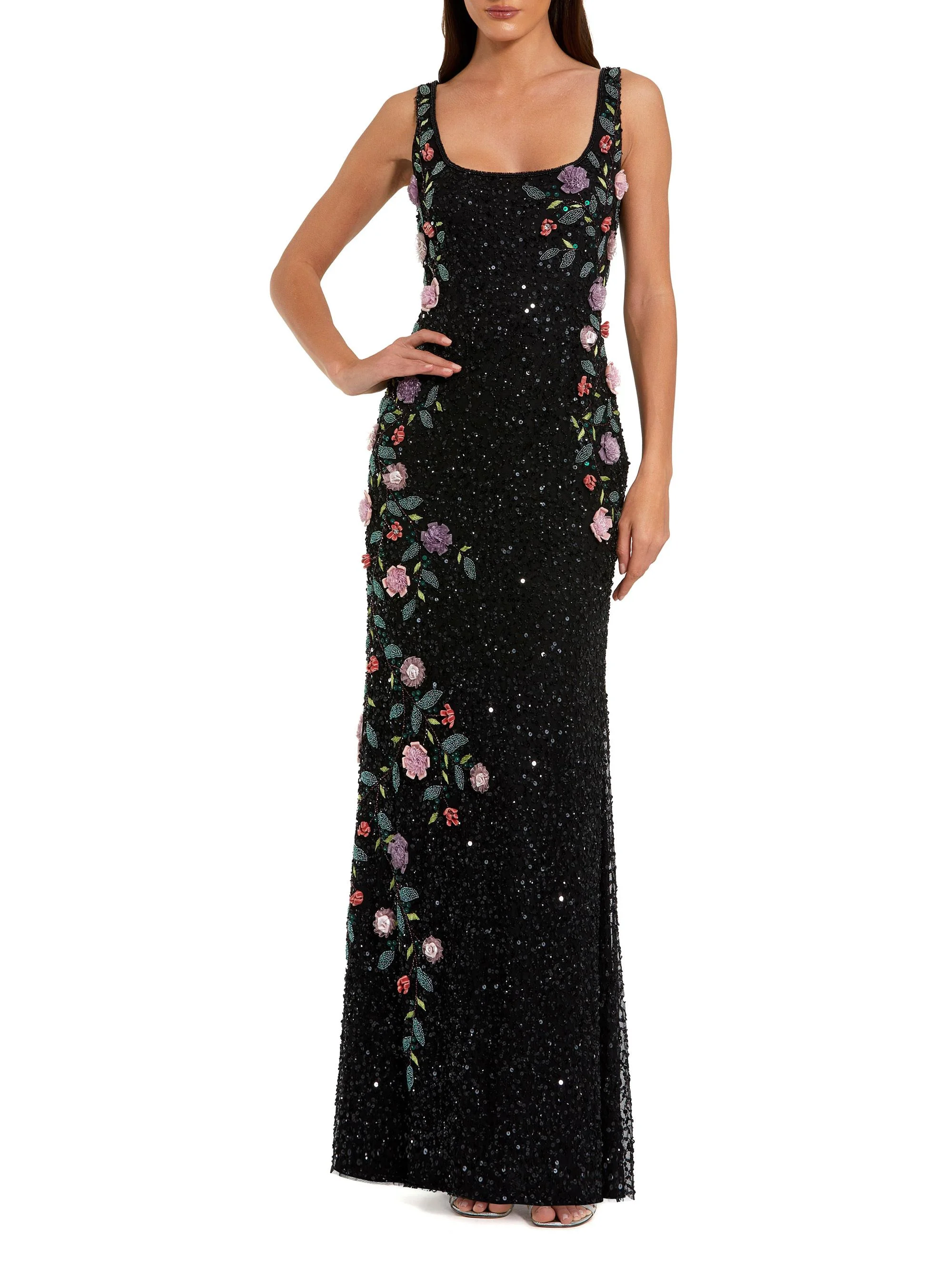Women's Evening Embellished Floral Scoopneck Gown - Black Multi - 1