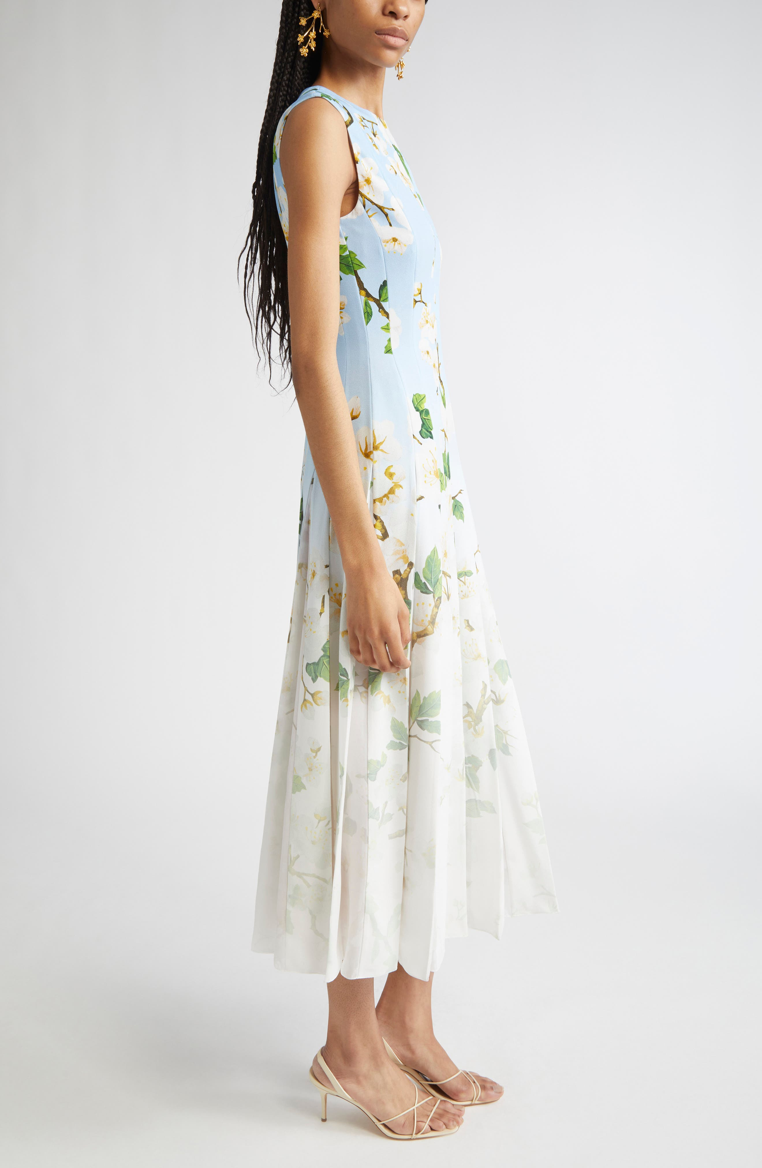 Oscar de la Renta Cherry Blossom Ombré Sleeveless Cady & Chiffon Dress in White Blue Ombre at Nordst - 3