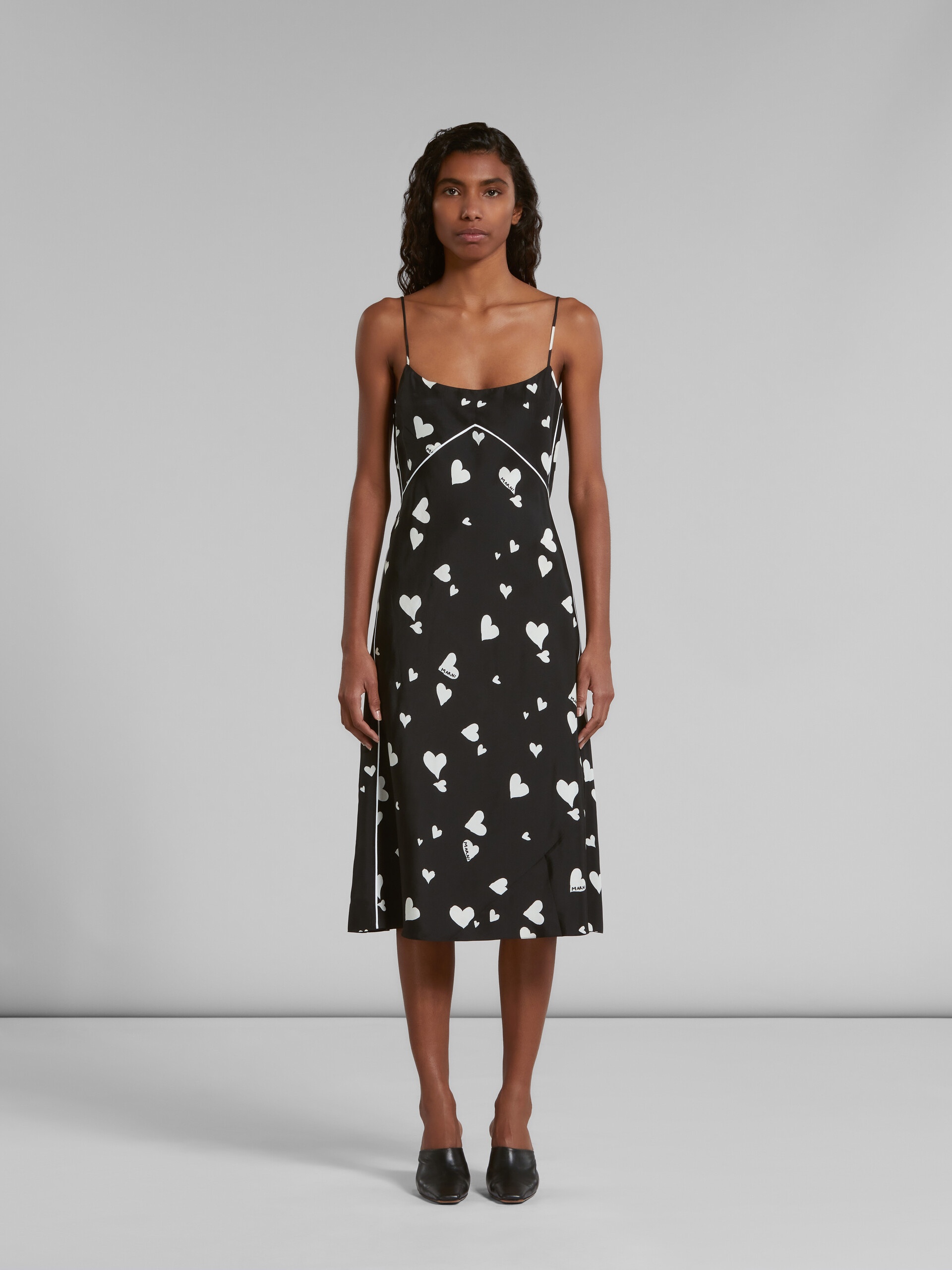 Marni BLACK SILK SLIP DRESS WITH BUNCH OF HEARTS PRINT | REVERSIBLE