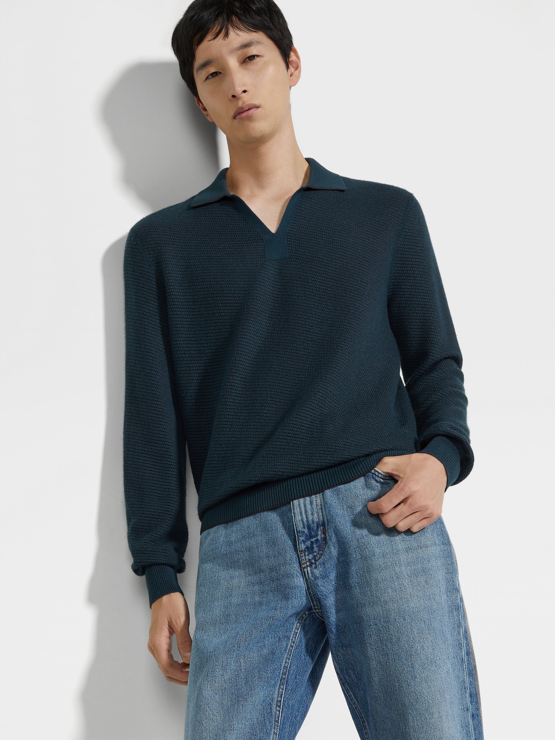 DARK TEAL BLUE SILK AND CASHMERE POLO SHIRT - 3