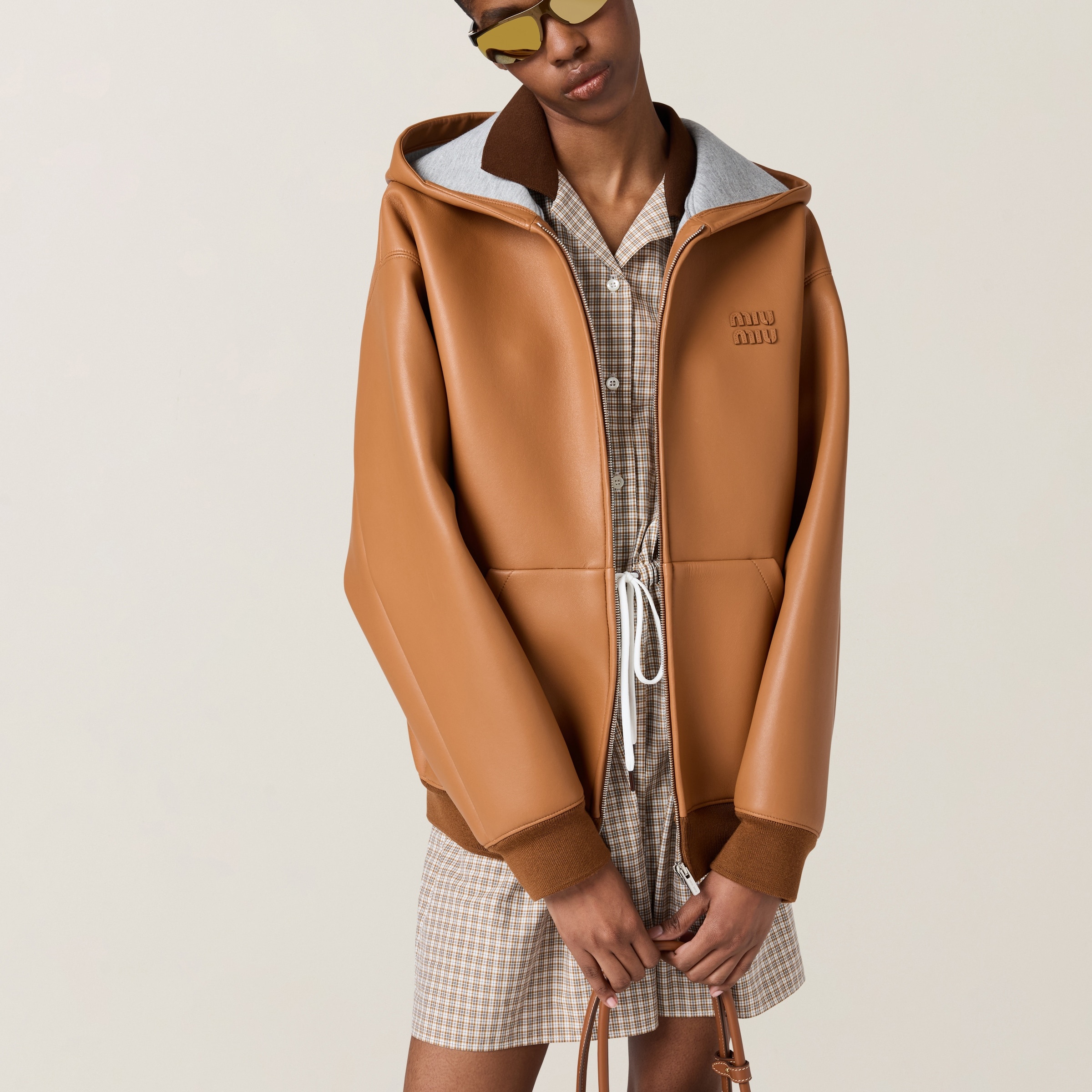 Nappa leather and bonded jersey hoodie jacket - 5