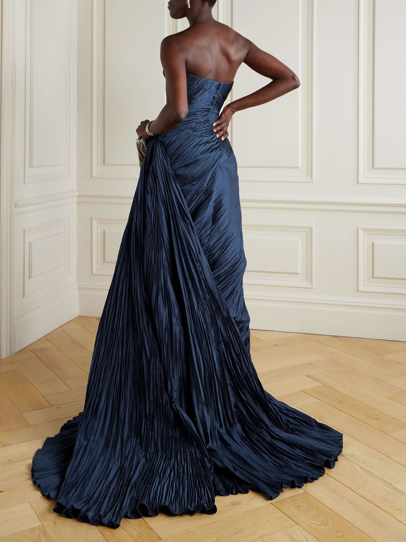 Strapless plissé-taffeta gown Navy - 3