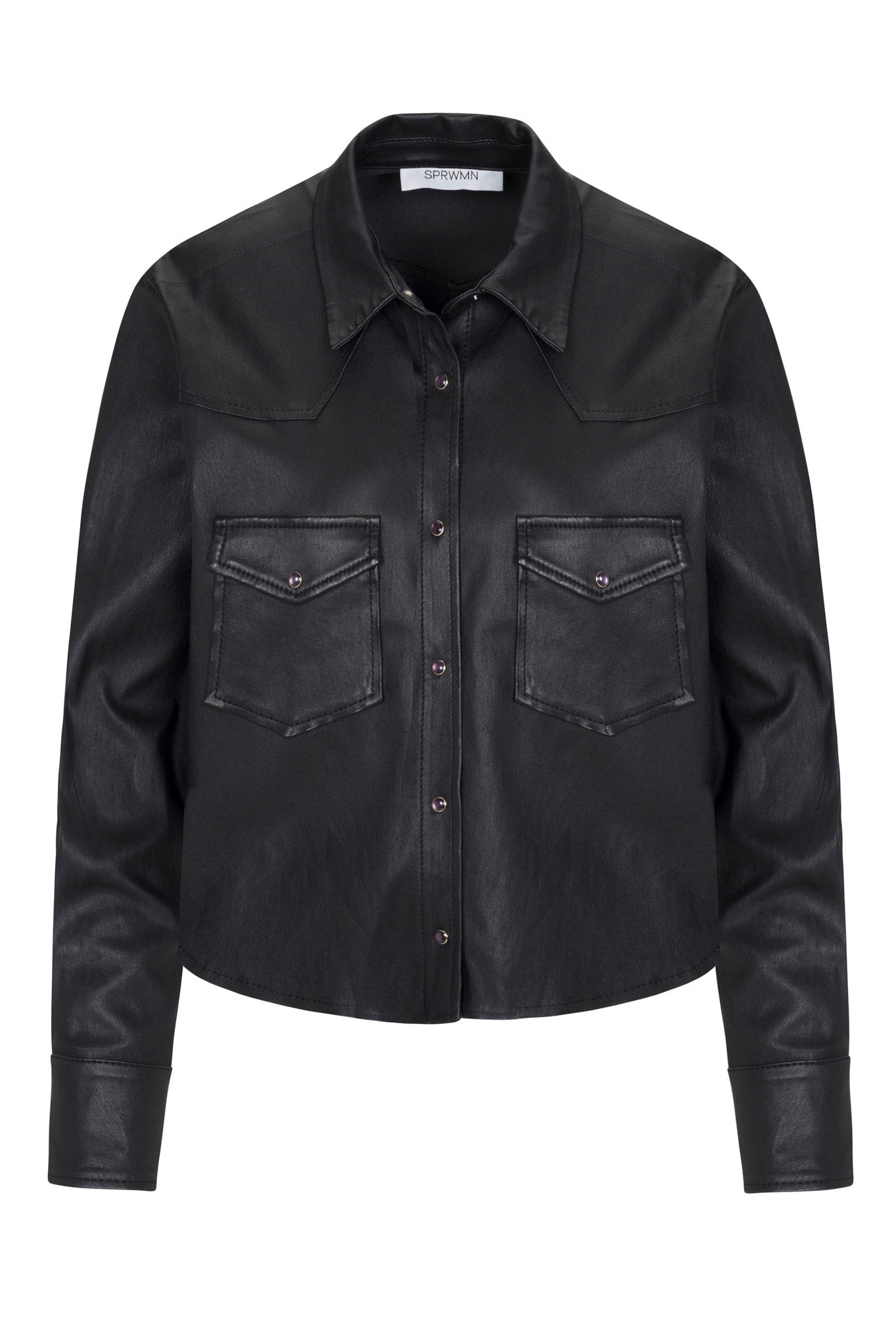 BLACK LEATHER CROPPED WESTERN BUTTON DOWN - 6