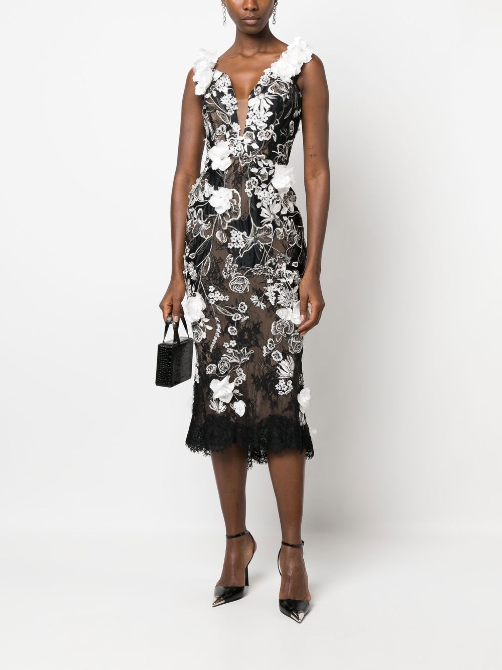 floral-appliqué midi dress - 2