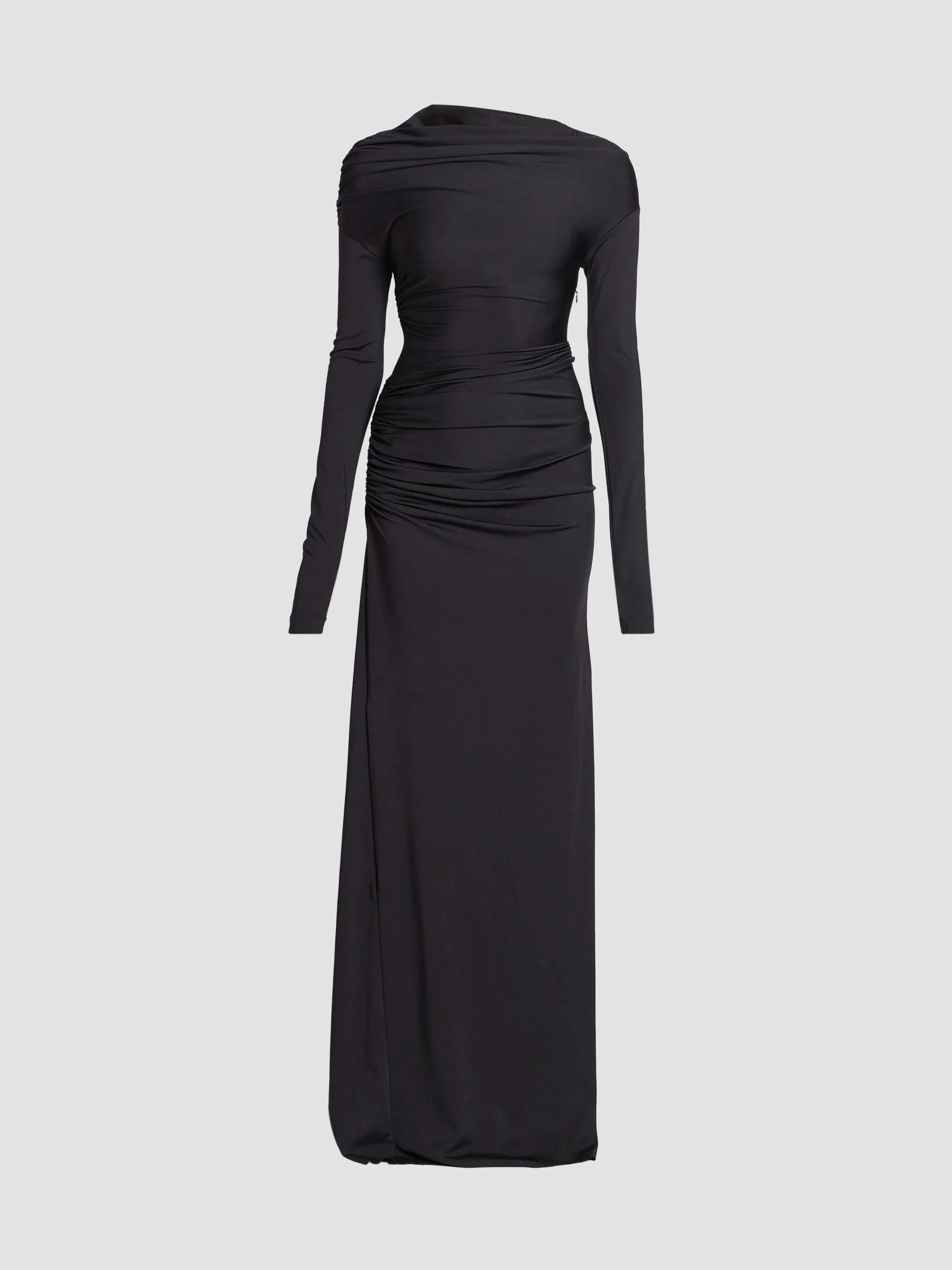 Women's Draped Long-Sleeve Column Gown - Black - 1