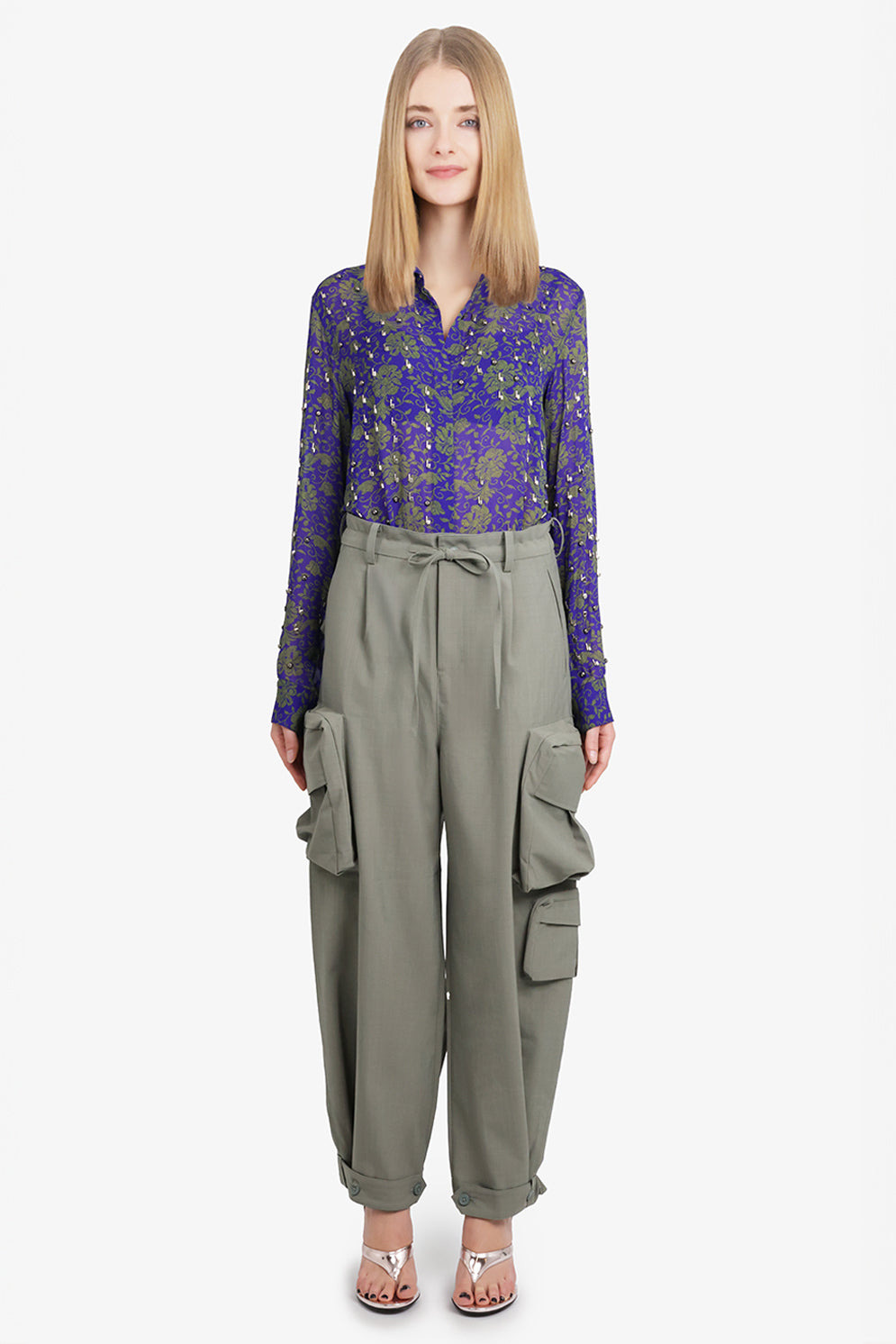 WIDE LEG COTTON CARGO PANTS | STONE GREEN - 2