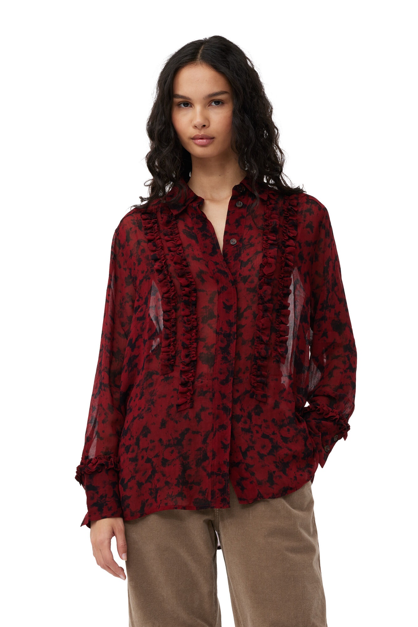 RED PRINTED LIGHT GEORGETTE RUFFLE SHIRT - 2