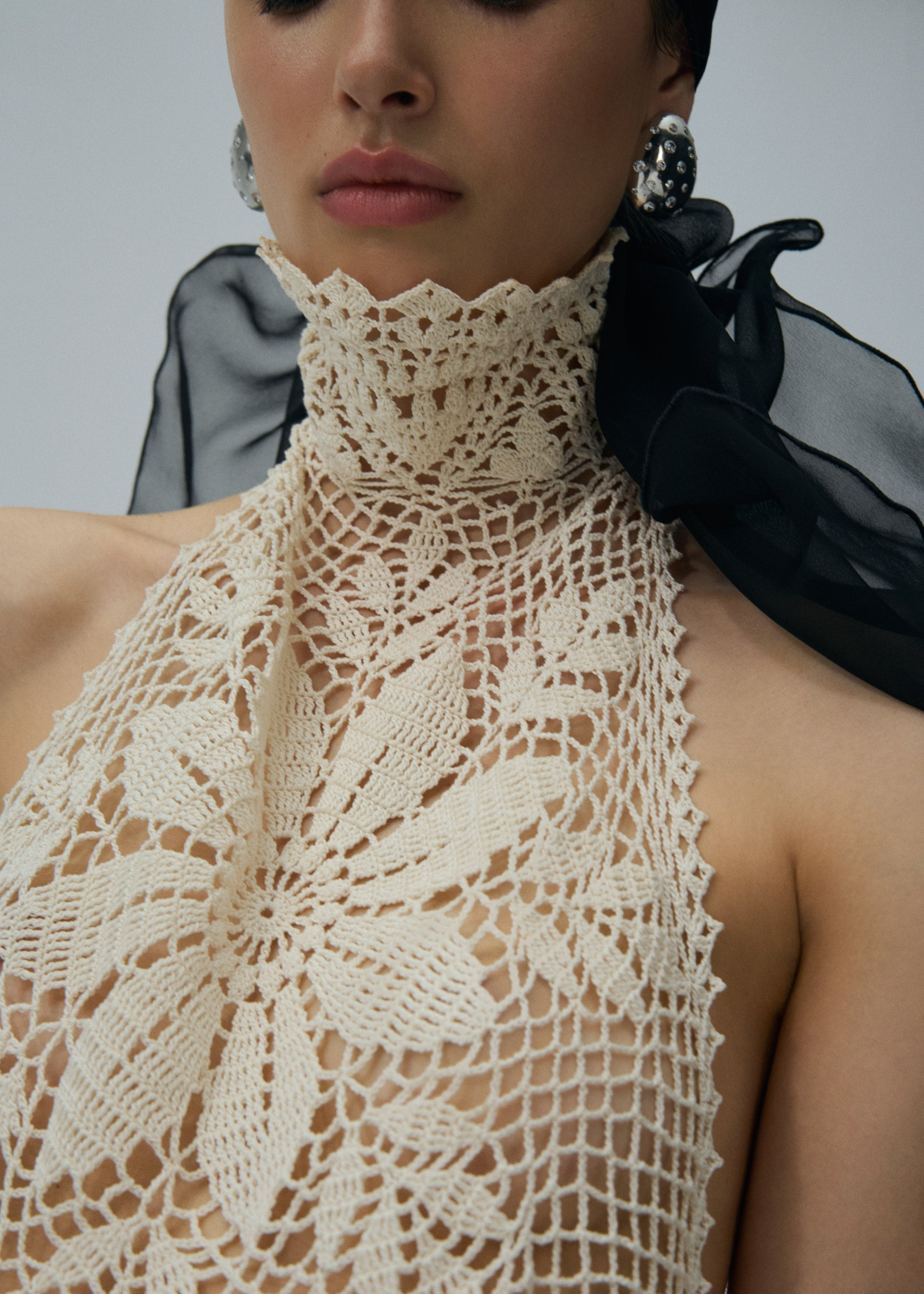 Lace crochet high neck blouse in cream - 5