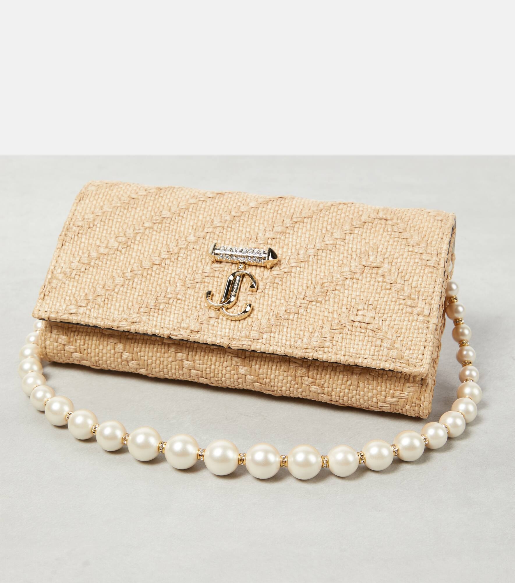 Avenue pearl-trimmed raffia wallet on chain - 6