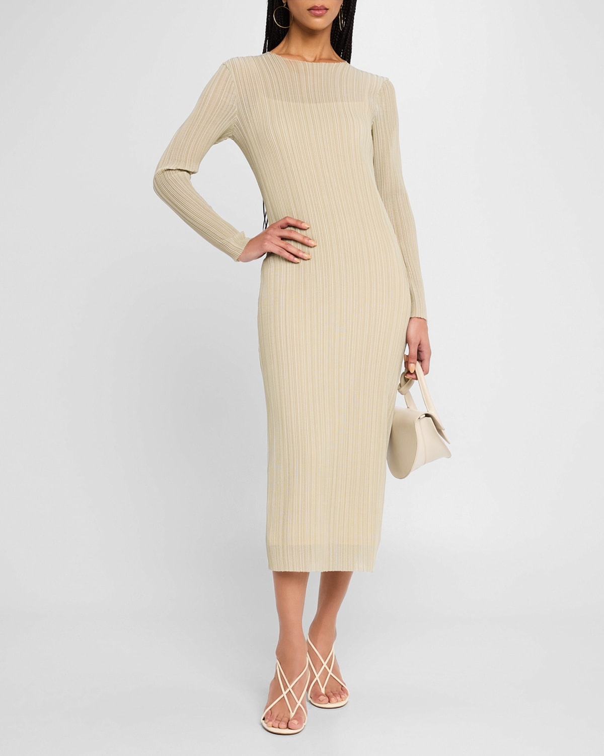 Long-Sleeve Ribbed Midi Dress - 4