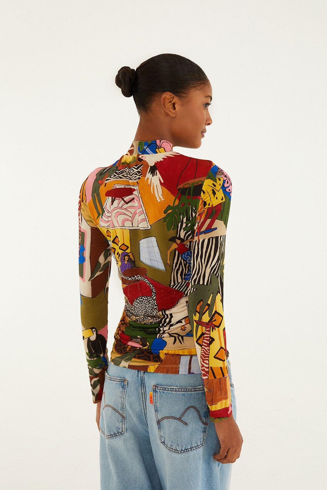 Multicolor Tropical Long Sleeve Turtleneck Blouse - 3
