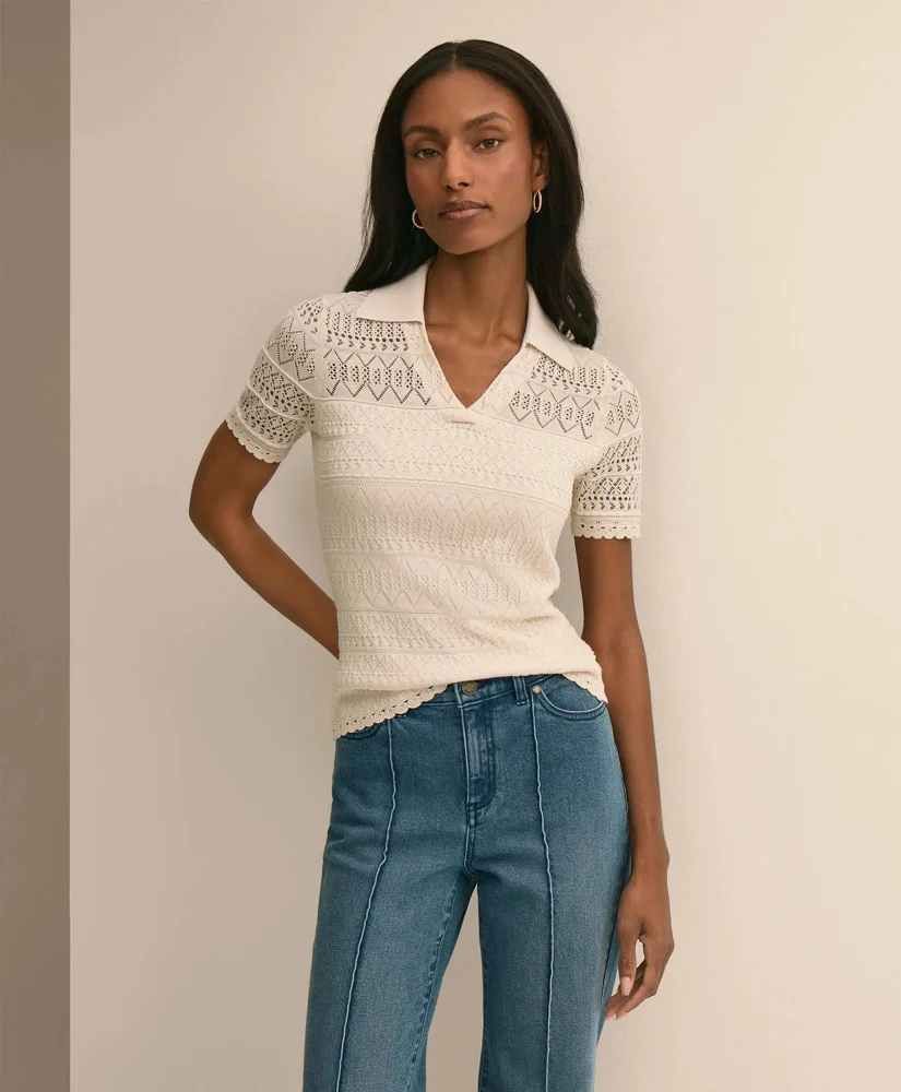 Silk-Cotton Short-Sleeve Johnny Collar Pointelle Sweater - 1