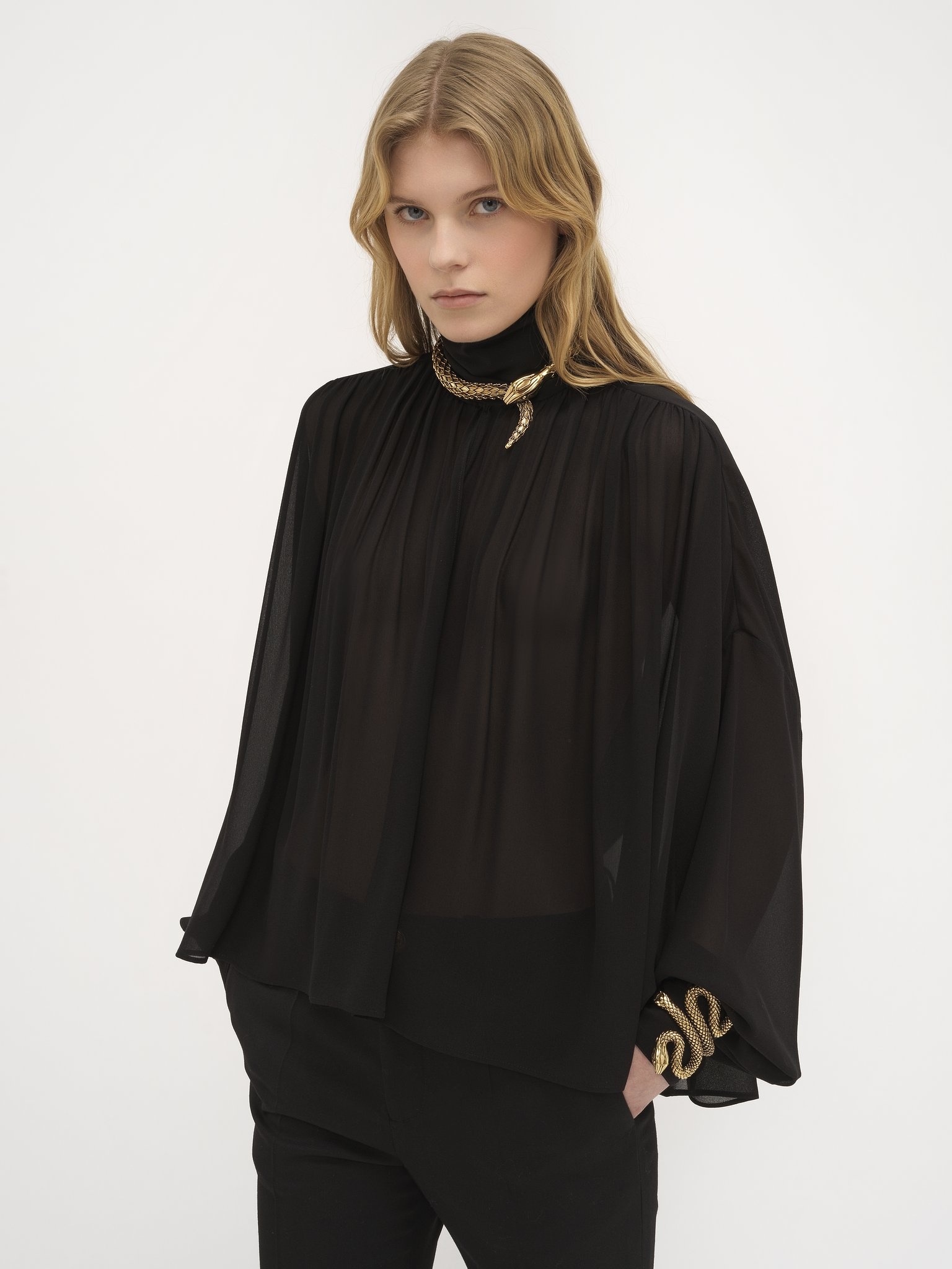 GATHERED LAVALLIÈRE BLOUSE IN SILK GEORGETTE PLUMETIS - 4