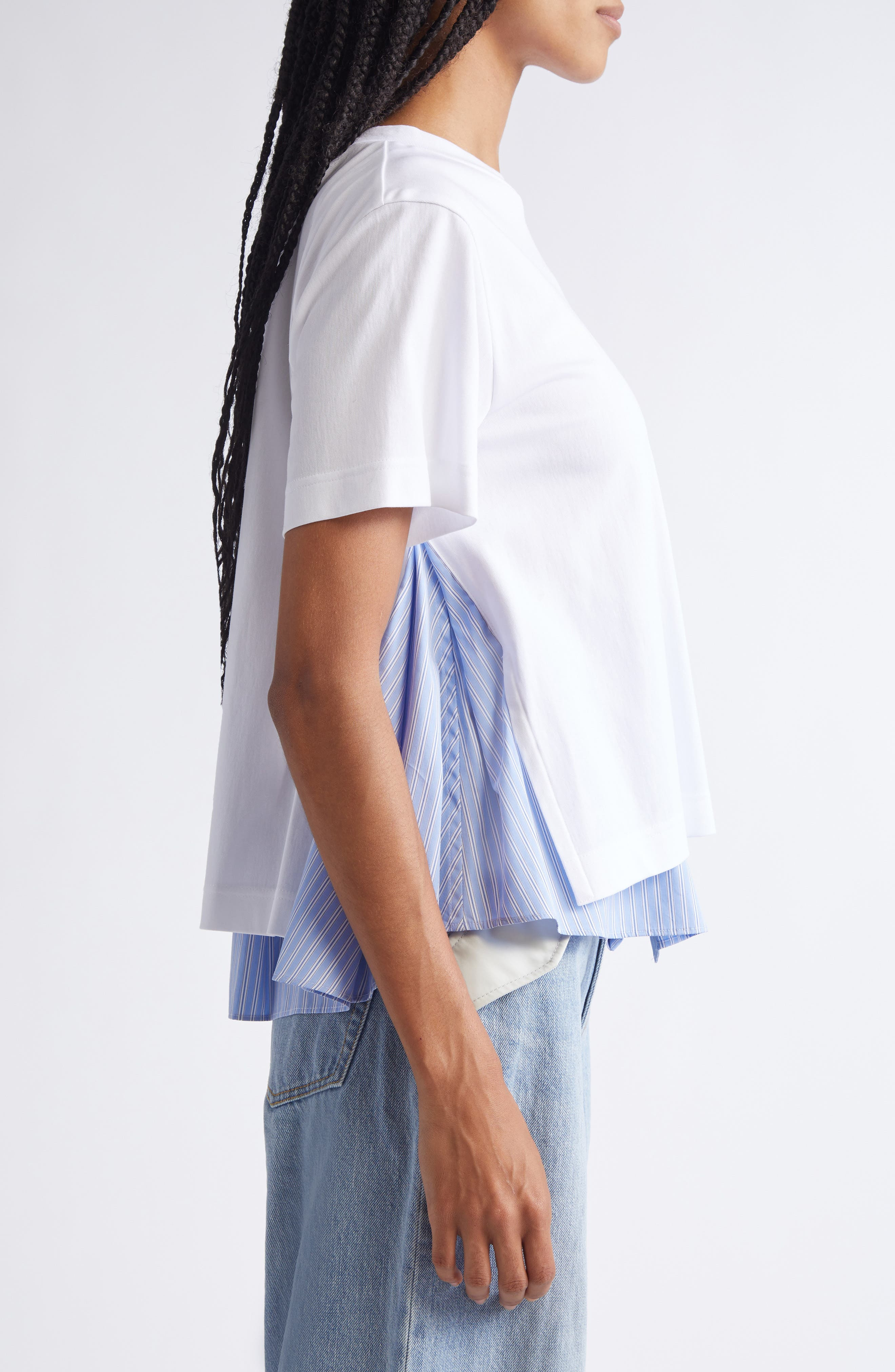 Sacai Mixed Media Jersey & Poplin Pocket T-Shirt in White/Light Blue Stripe at Nordstrom - 4