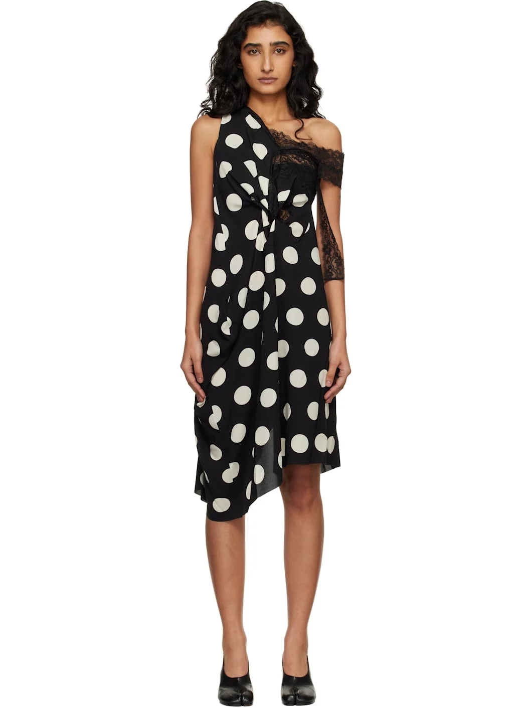 Black & Off-White Printed Lace Minidress - 1