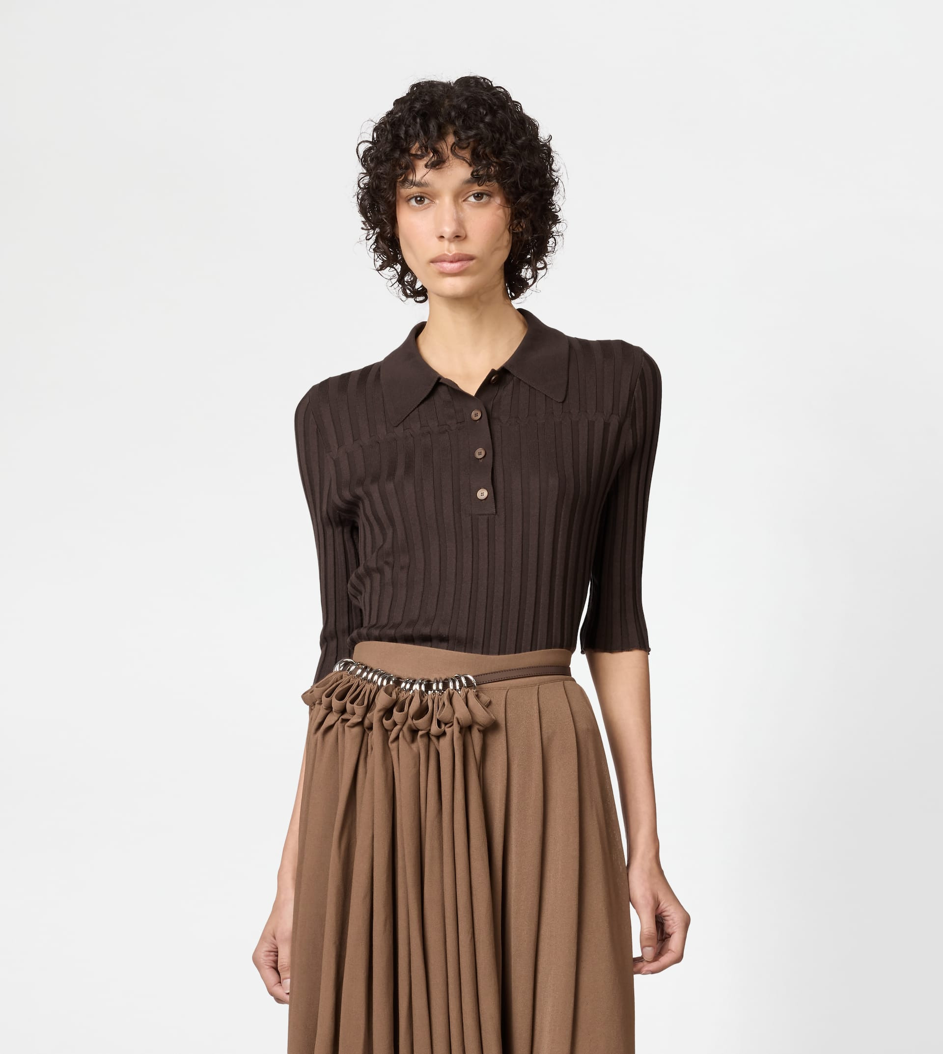 HALF-LENGTH SLEEVED POLO SHIRT IN SILK - BROWN - 2