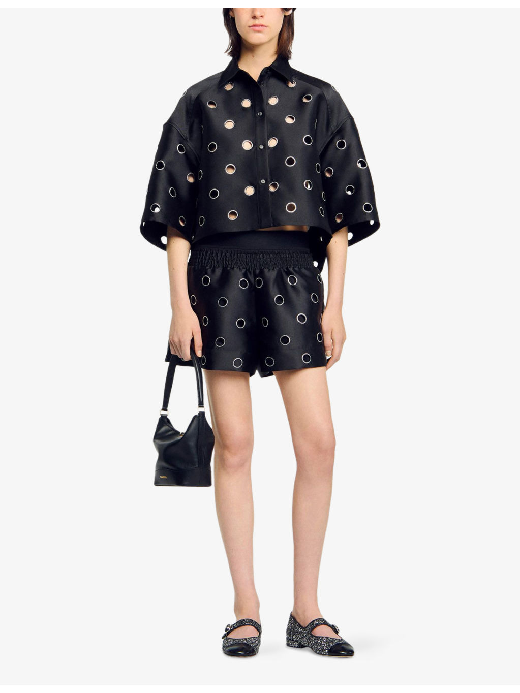 Rhinestone-Embellished Cut-Out Cropped Woven Shirt - 2