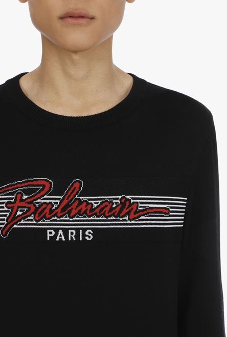 Black cotton sweater with embroidered red and white Balmain logo - 6