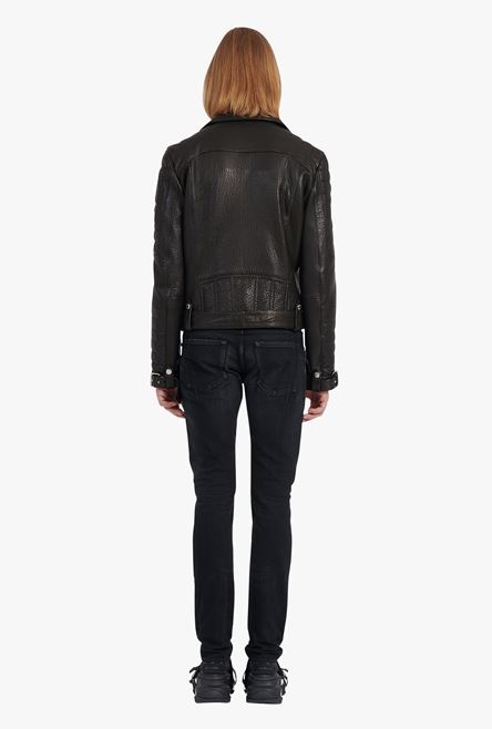 Black quilted leather biker jacket - 3