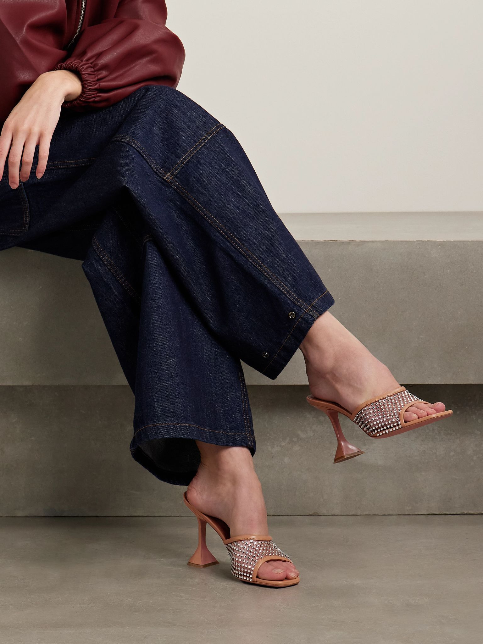 Lupita crystal-embellished fishnet and leather mules Beige - 2