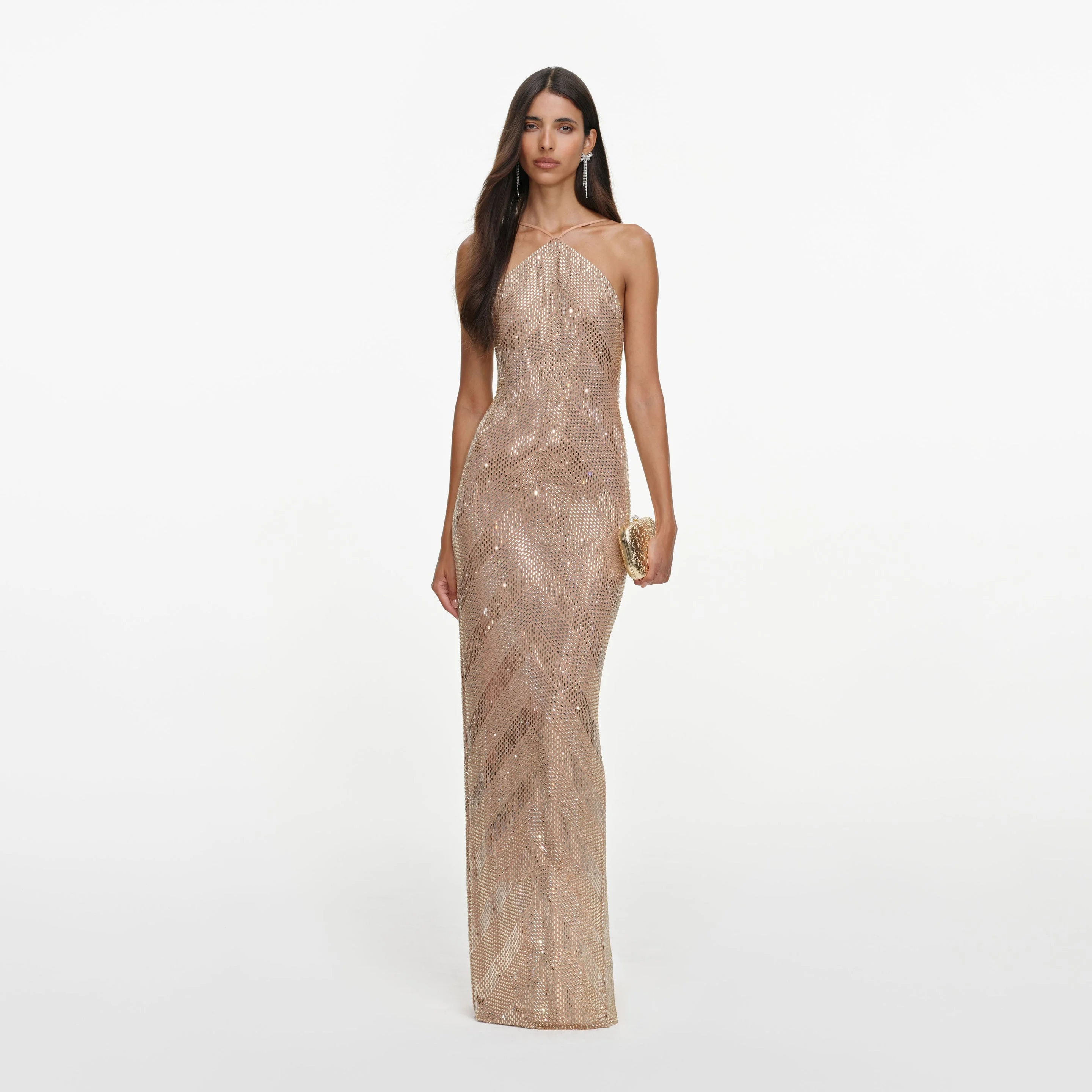 Champagne Chevron Rhinestone Halterneck Maxi Dress - 1