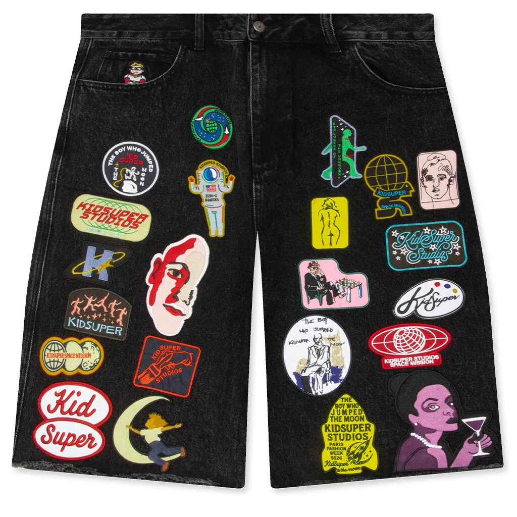 PATCHES DENIM SHORTS - BLACK - 1