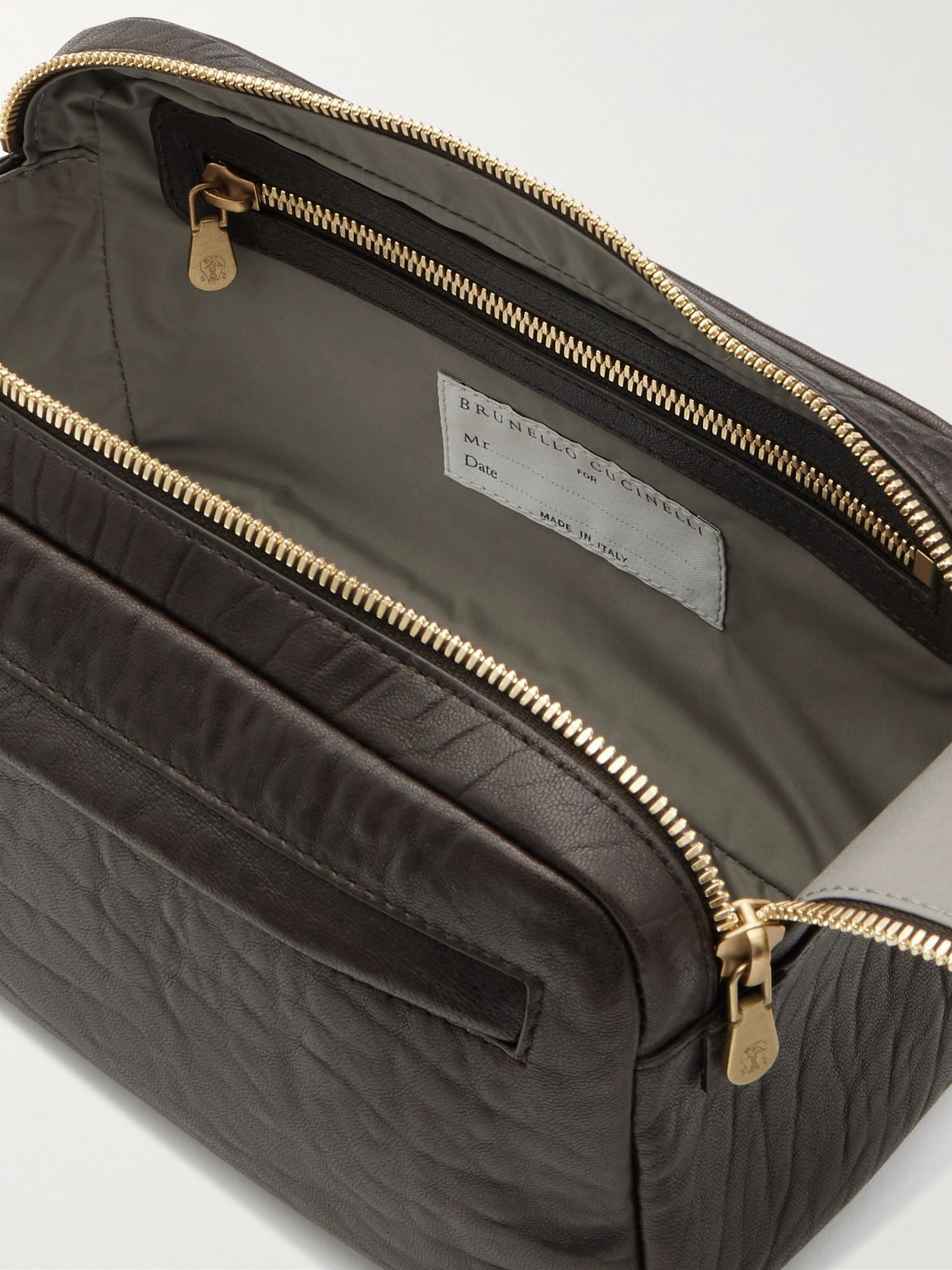 Textured-Leather Wash Bag Brown - 4