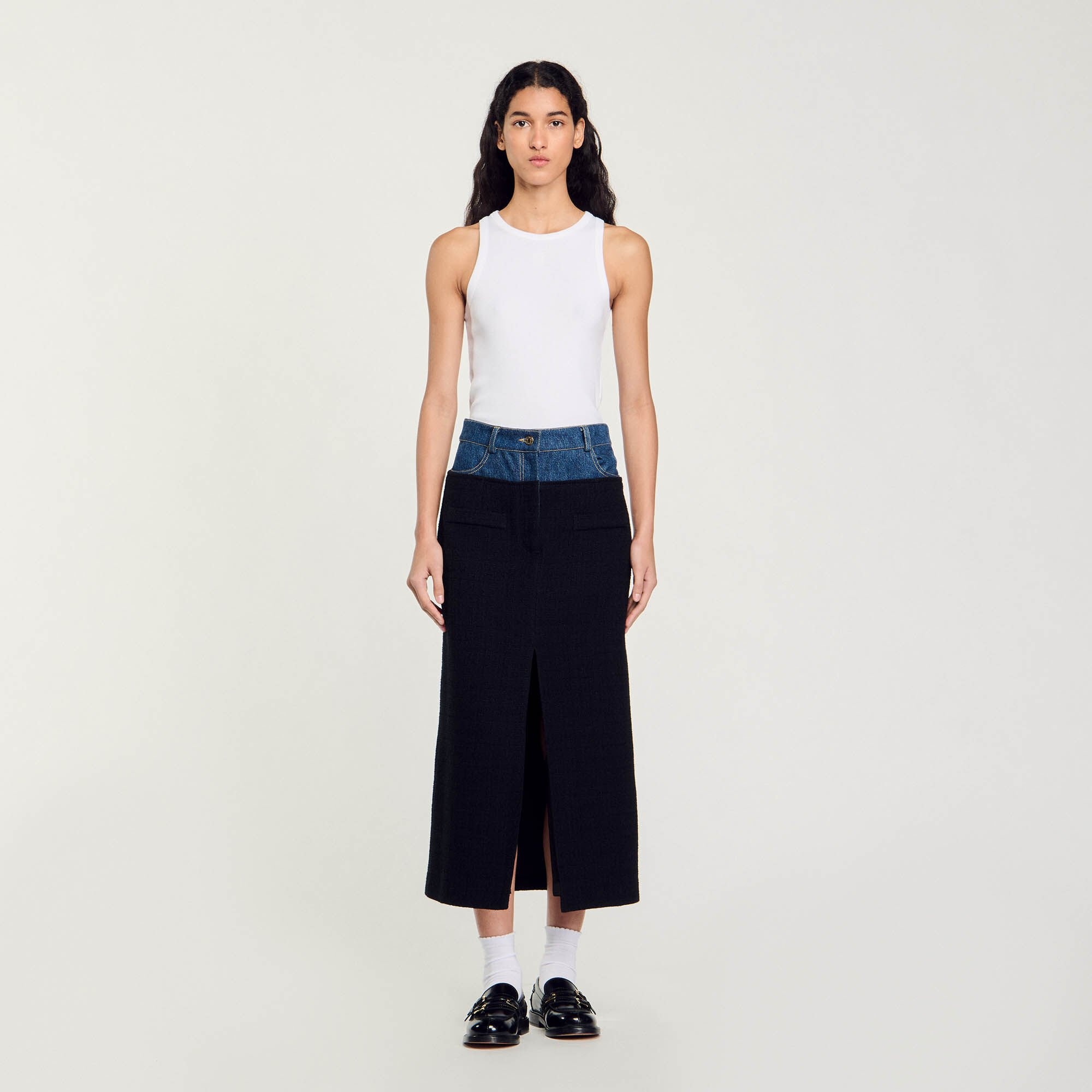 DUAL-MATERIAL DENIM AND TWEED SKIRT - 3