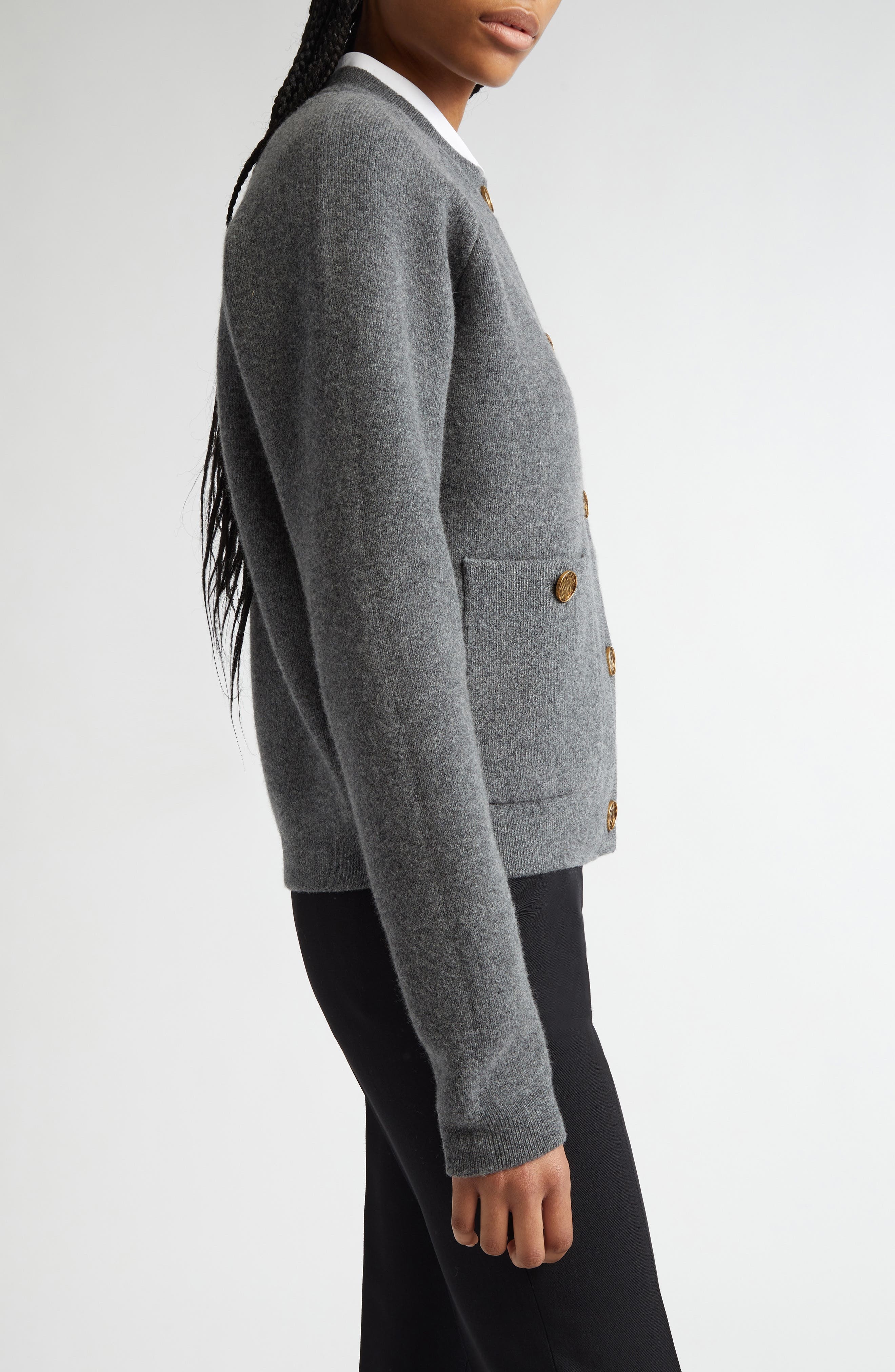 TOTEME Hammered Button Wool & Cashmere Blend Cardigan in Grey Melange at Nordstrom - 4