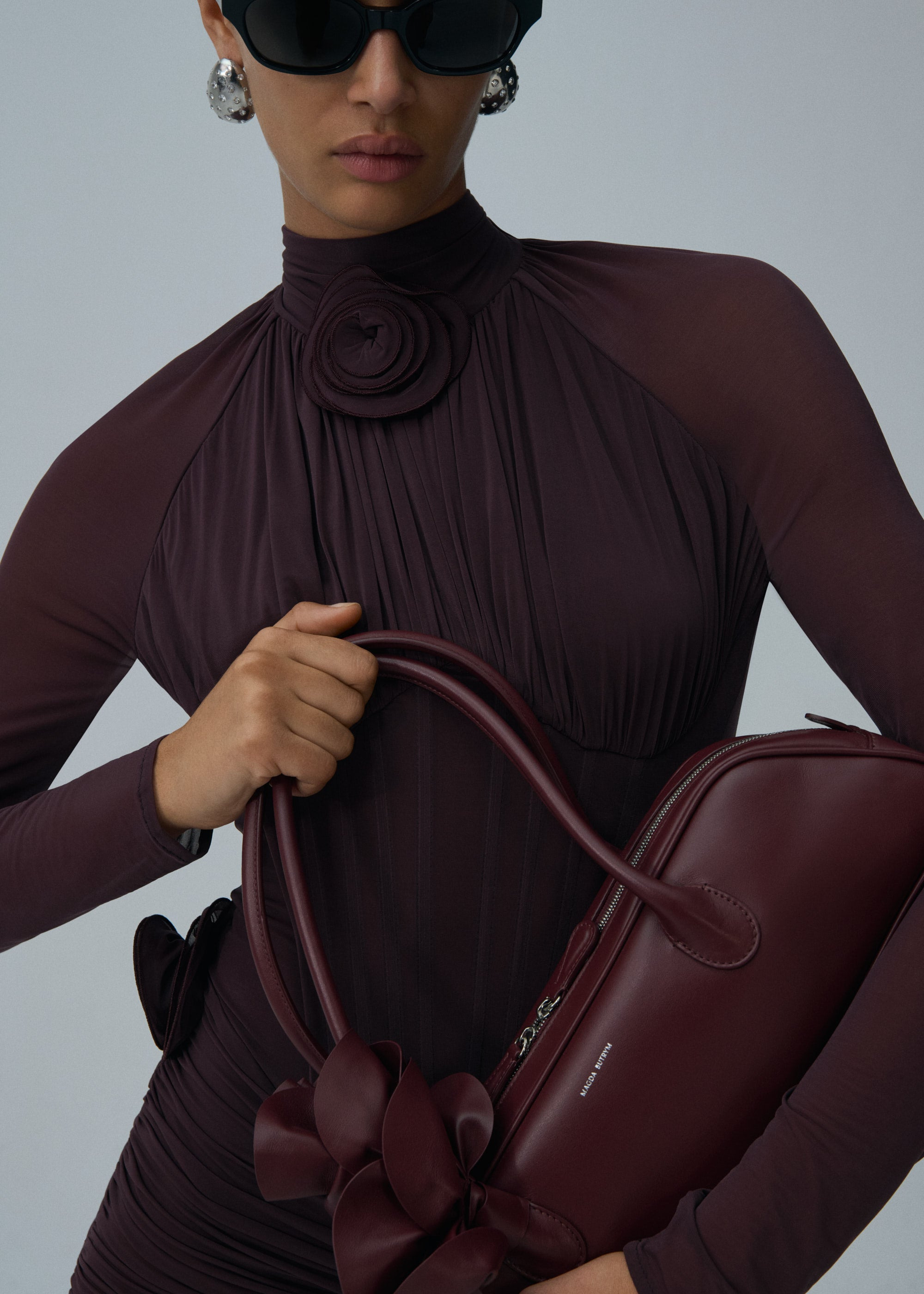 Sheer long sleeve bustier midi dress in bordeaux - 3