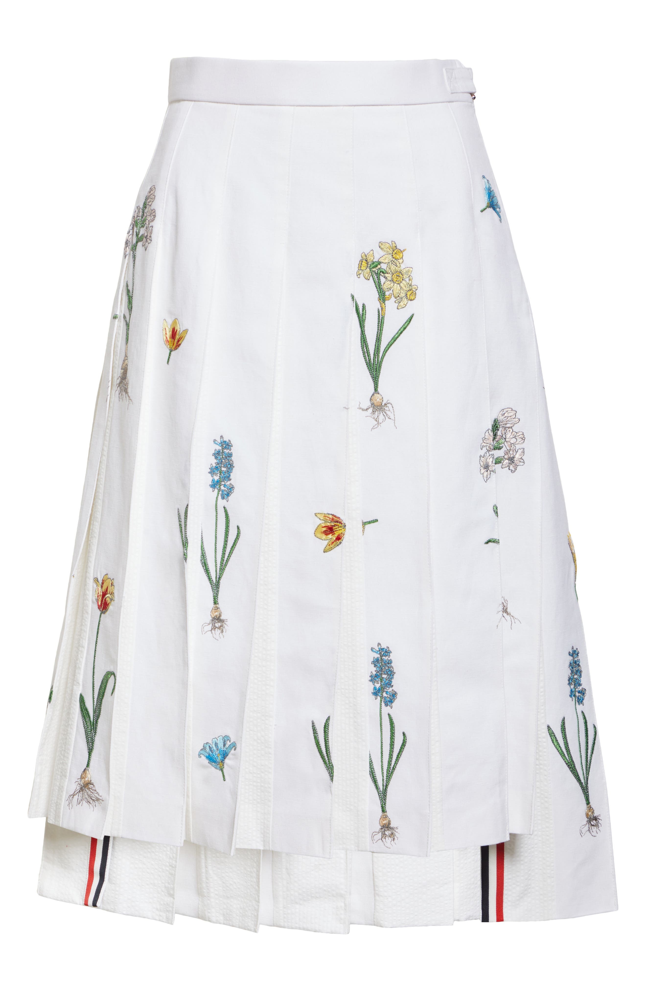 Thom Browne Botanical Embroidered Pleated Cotton & Linen Midi Skirt in White at Nordstrom - 6