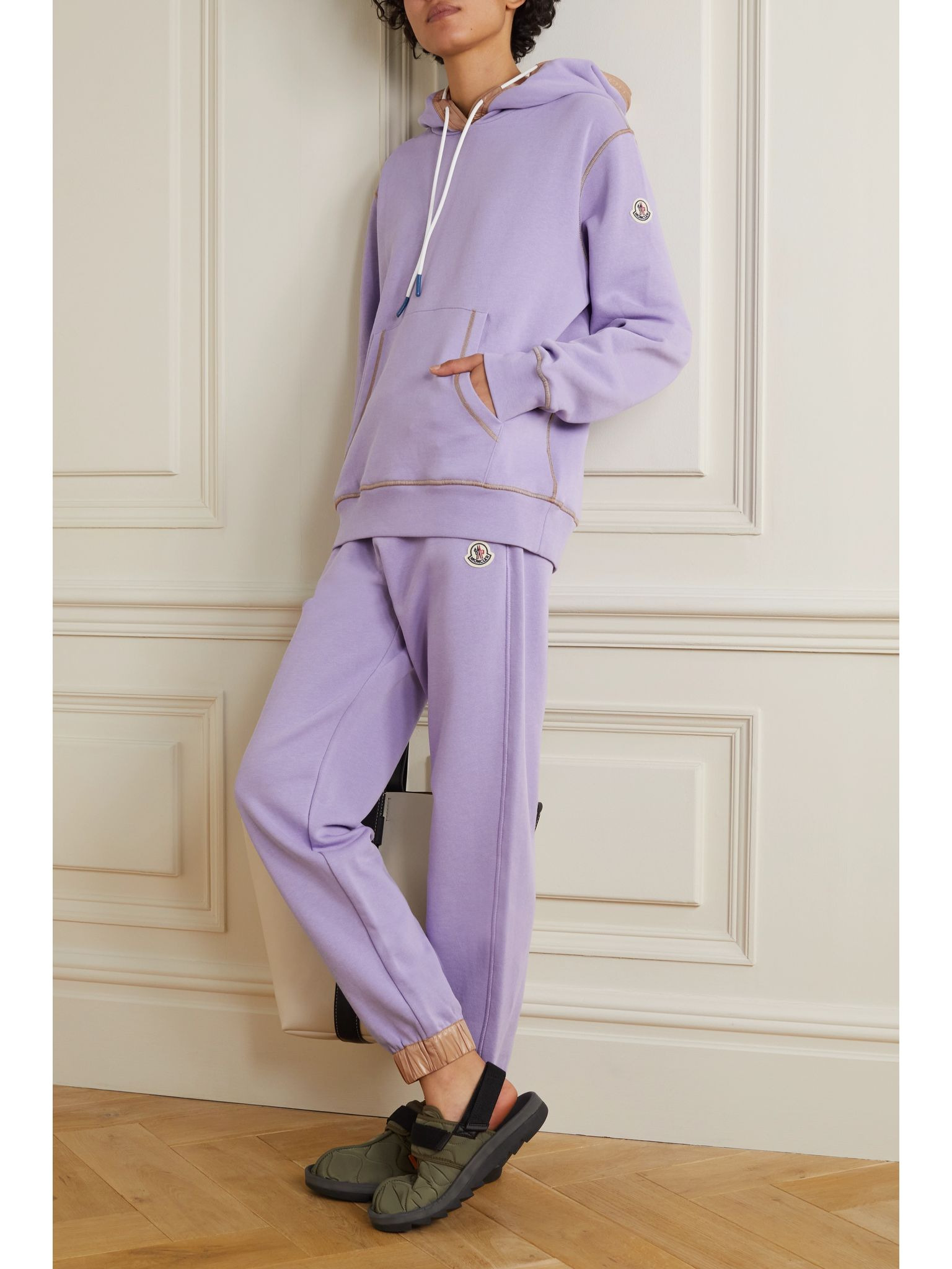 Faux leather-trimmed cotton-blend jersey track pants Lilac - 2