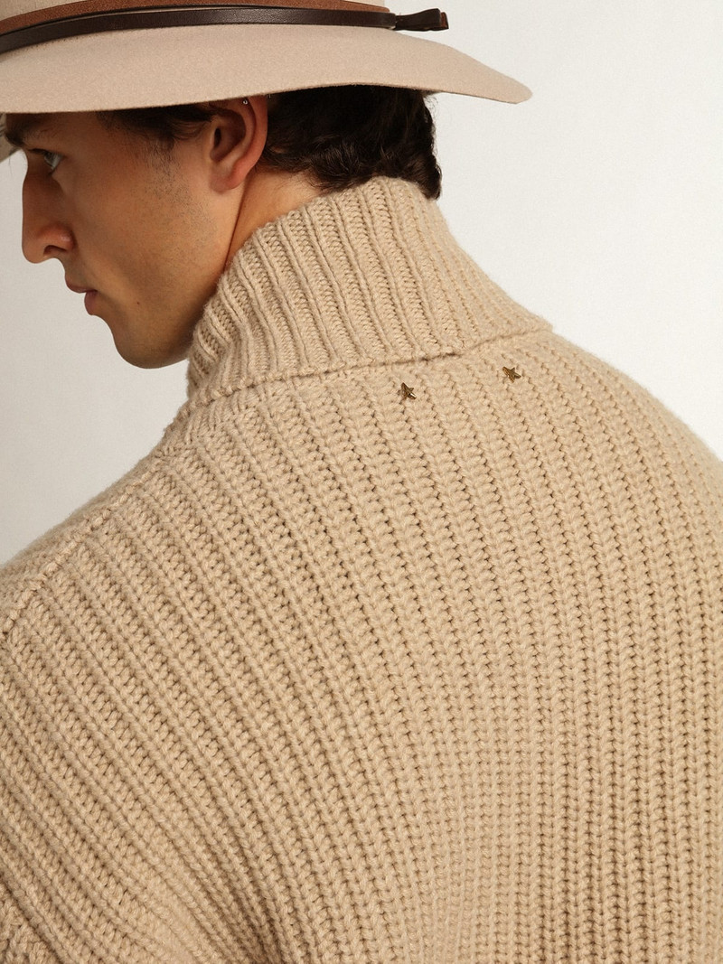 Men's double-breasted beige wool cardigan with leather patches 6